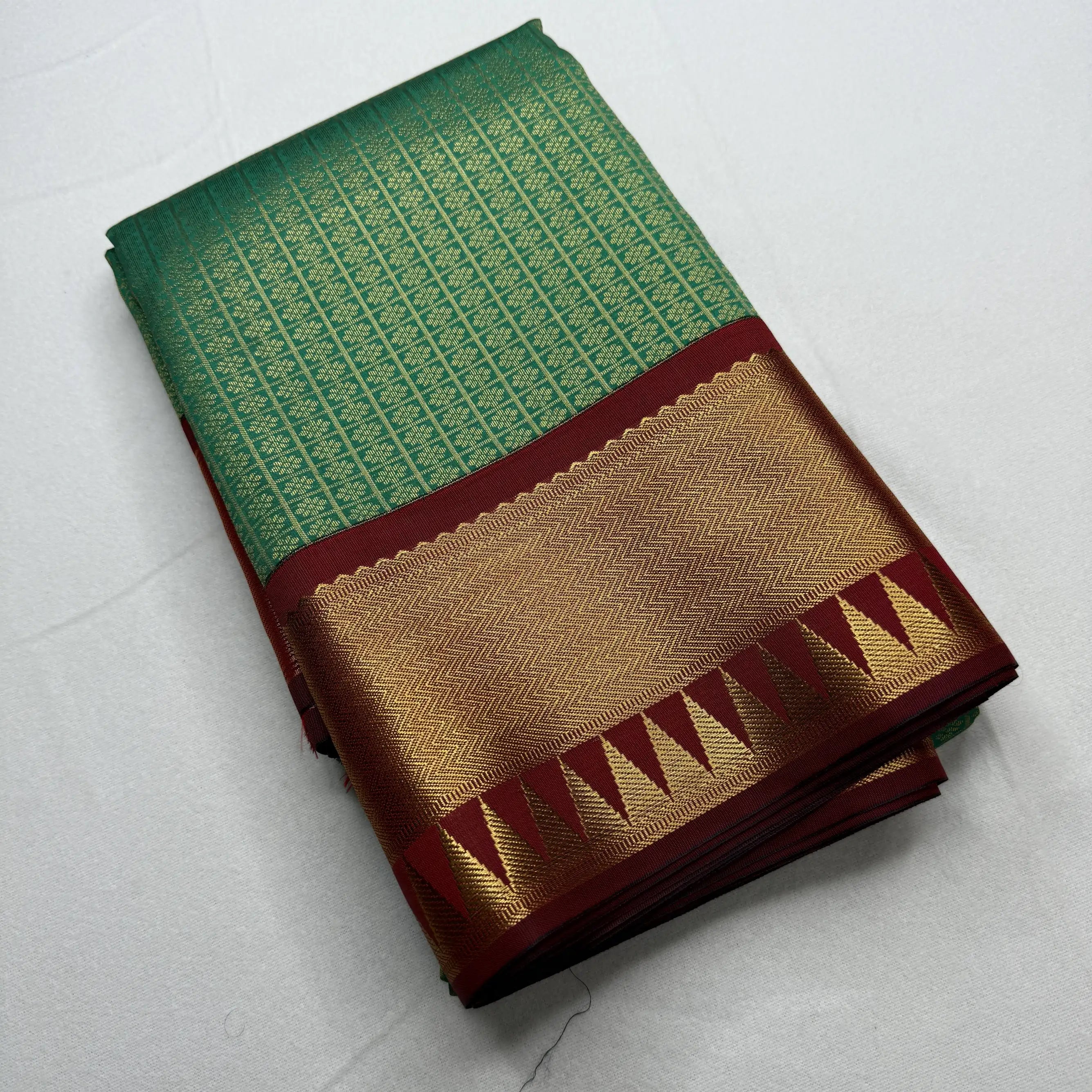 Serene Green & Maroon – Soft Silk Saree with Temple Border -SKU: H1-002