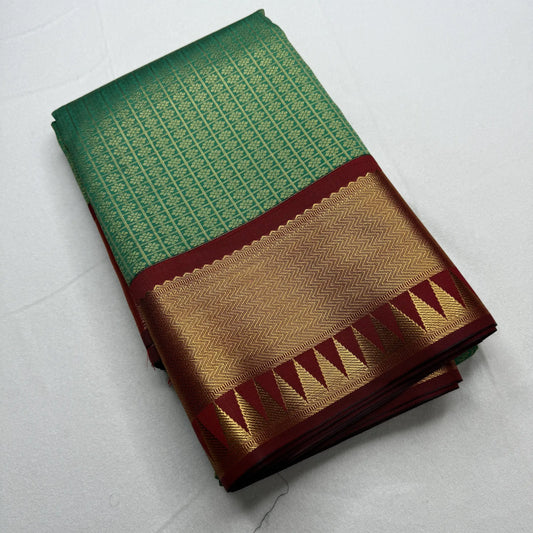 Serene Green & Maroon – Soft Silk Saree with Temple Border -SKU: H1-002