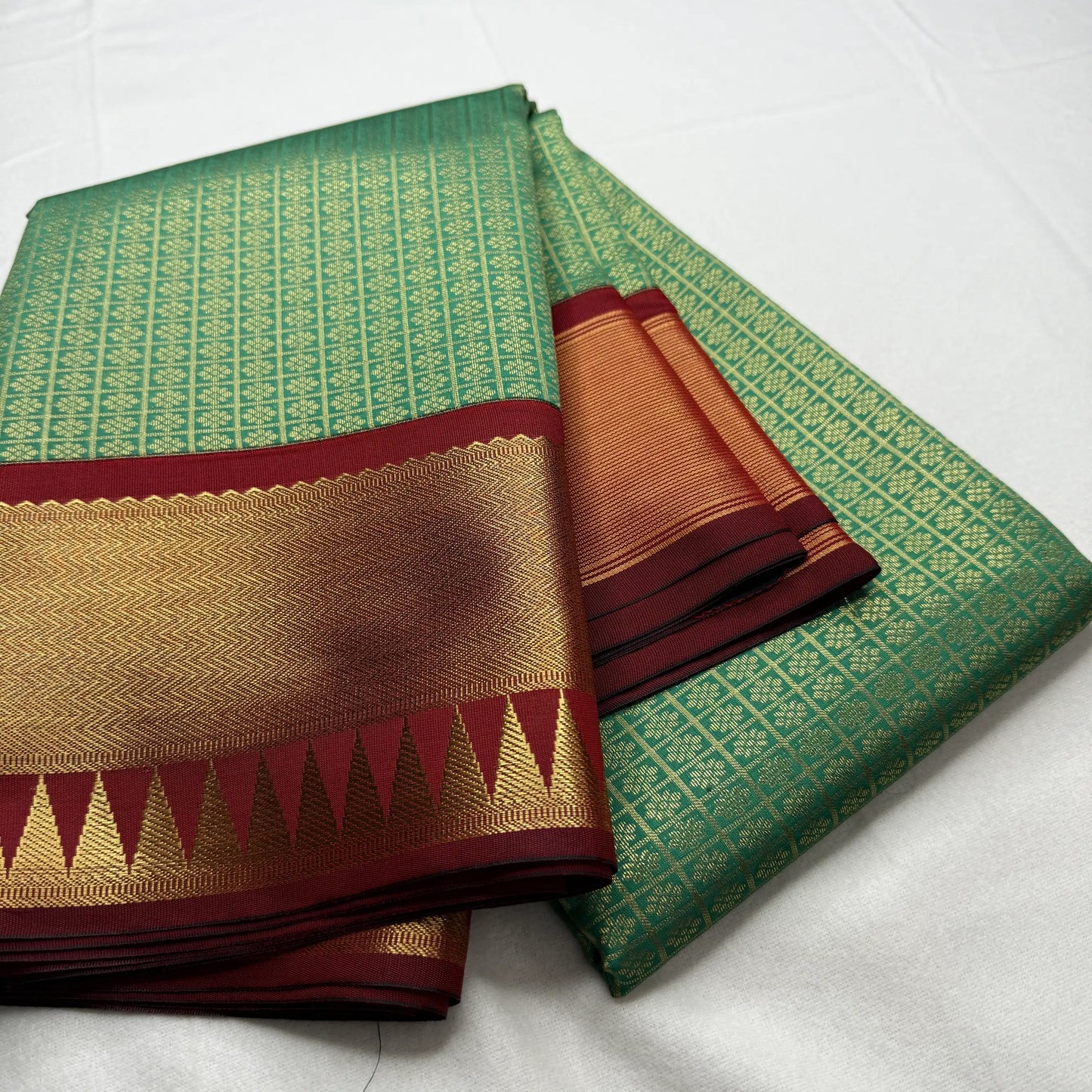 Serene Green & Maroon – Soft Silk Saree with Temple Border -SKU: H1-002
