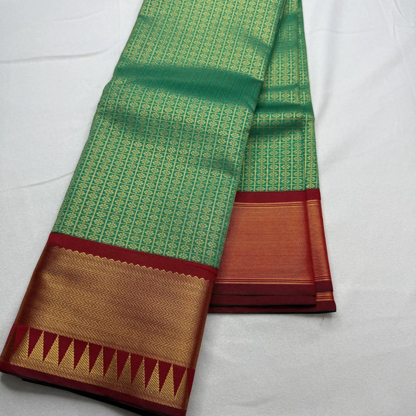 Serene Green & Maroon – Soft Silk Saree with Temple Border -SKU: H1-002