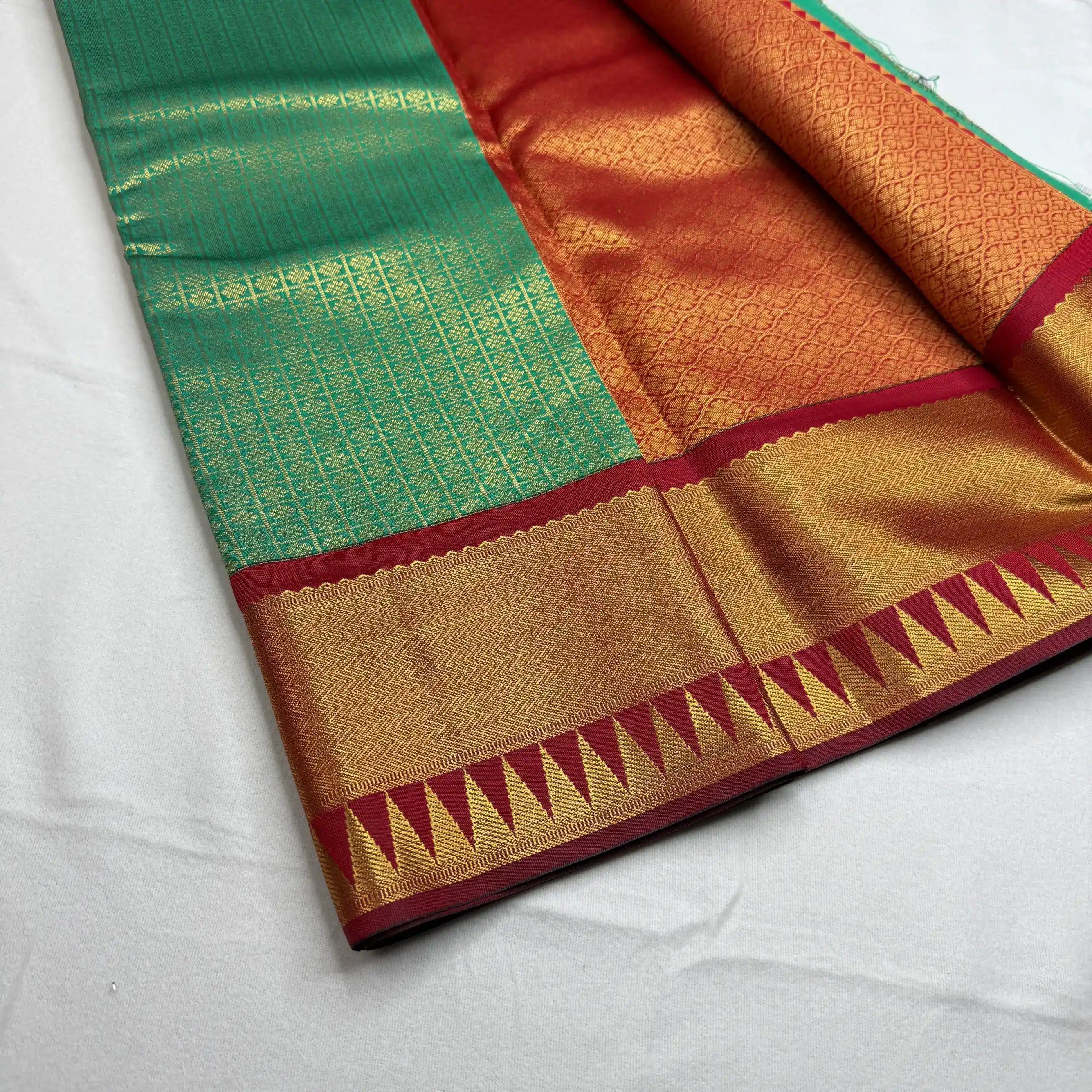 Serene Green & Maroon – Soft Silk Saree with Temple Border -SKU: H1-002