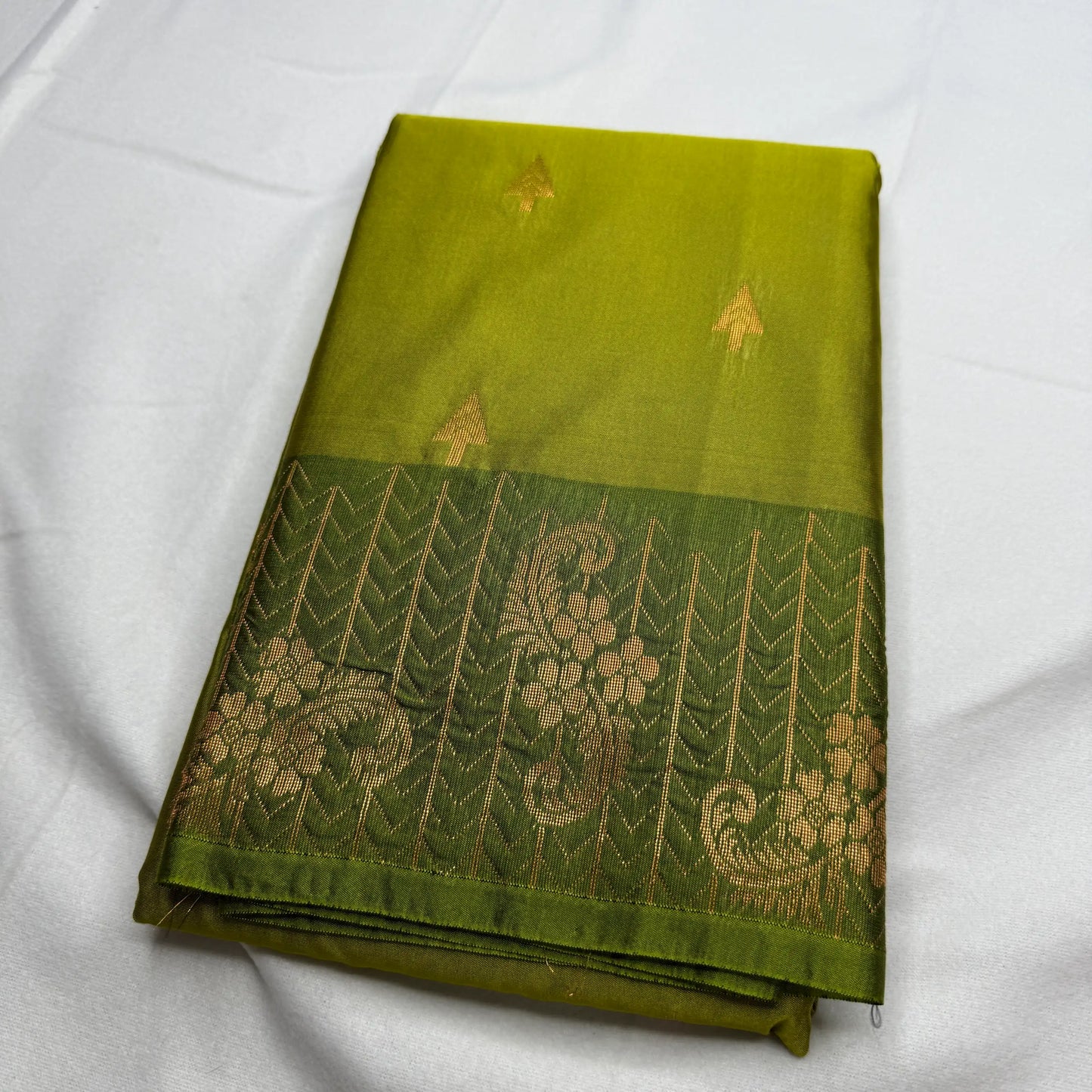 Light Green & Gold – Soft Silk Saree with Geometric Border -SKU: J1-003