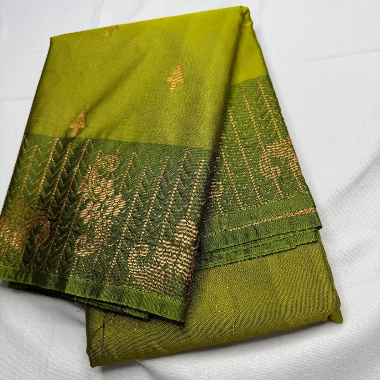 Light Green & Gold – Soft Silk Saree with Geometric Border -SKU: J1-003