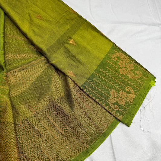Light Green & Gold – Soft Silk Saree with Geometric Border -SKU: J1-003