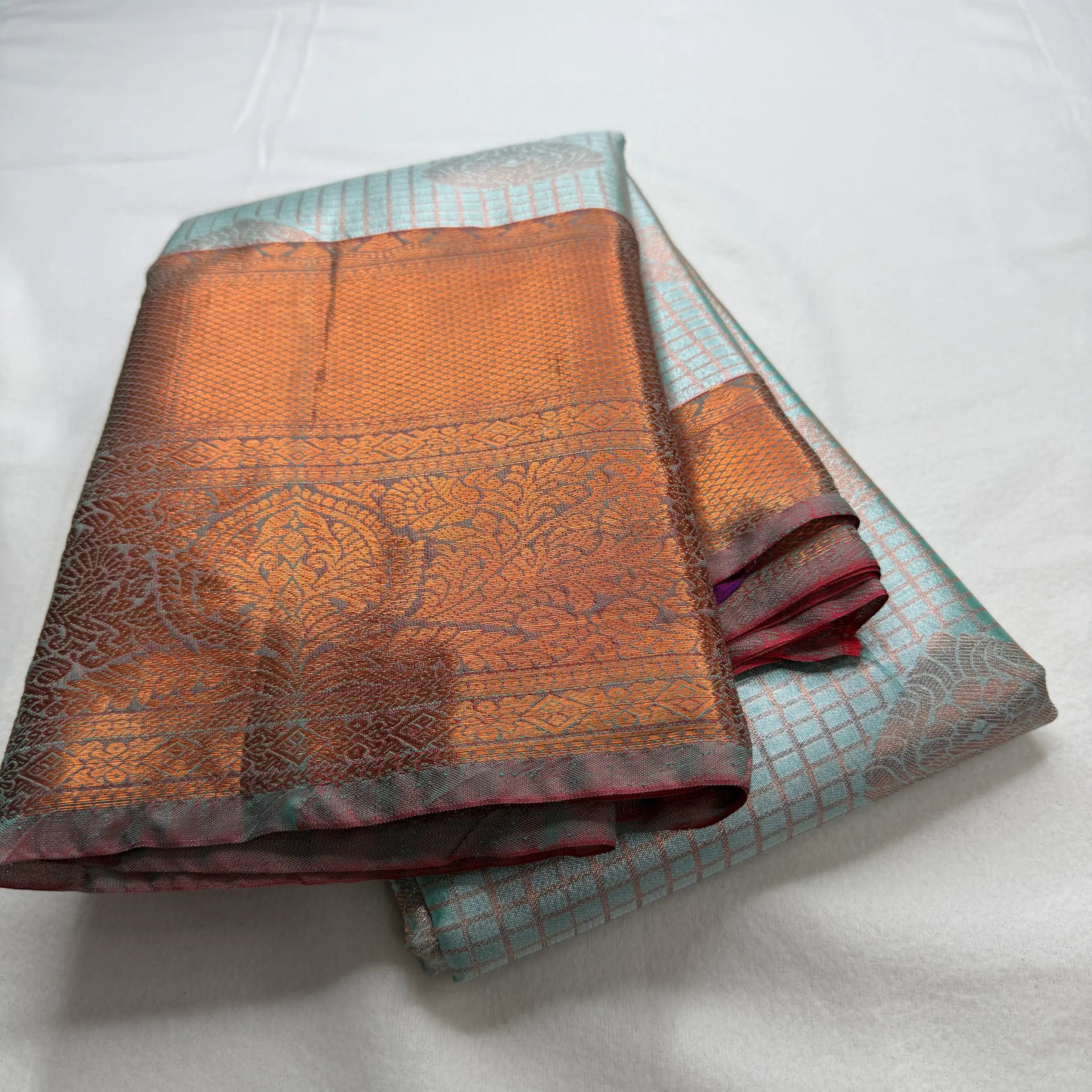 Light Blue & Copper Red – Soft Silk Saree with Woven Pallu -SKU: H1-001