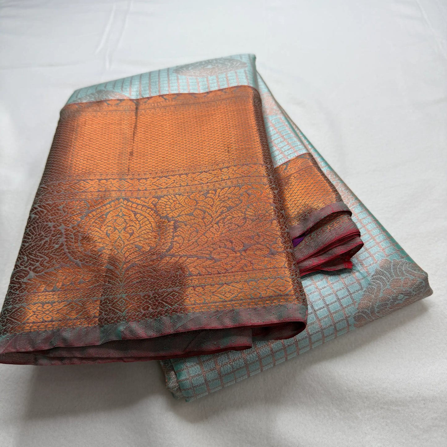 Light Blue & Copper Red – Soft Silk Saree with Woven Pallu -SKU: H1-001