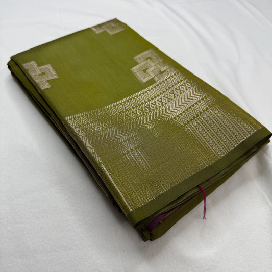 Olive Green & Magenta – Semi Silk Saree with Geometric Pallu -SKU: I1-001