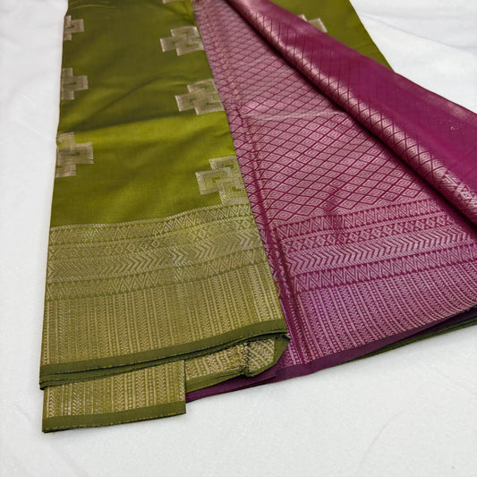 Olive Green & Magenta – Semi Silk Saree with Geometric Pallu -SKU: I1-001
