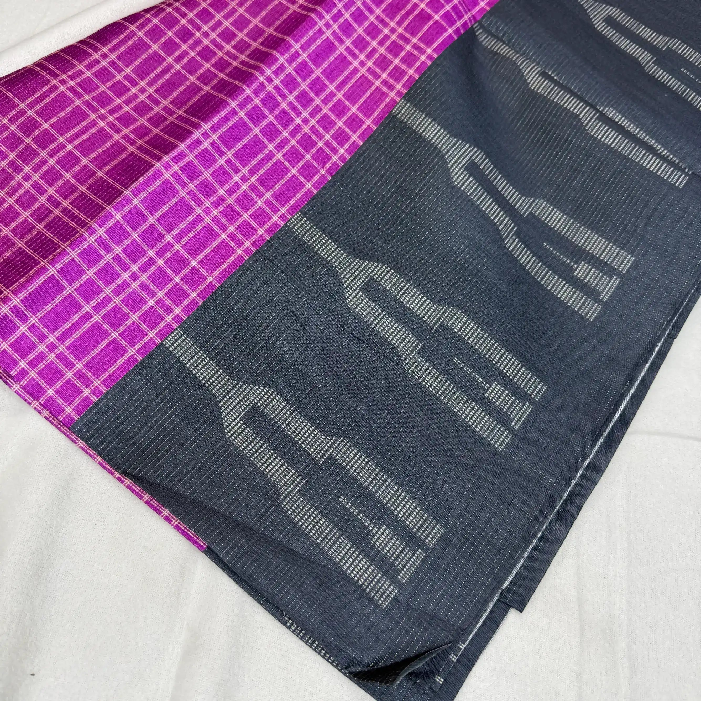 Vibrant Magenta & Charcoal – Handloom Saree with Checked Body -SKU: F2-001