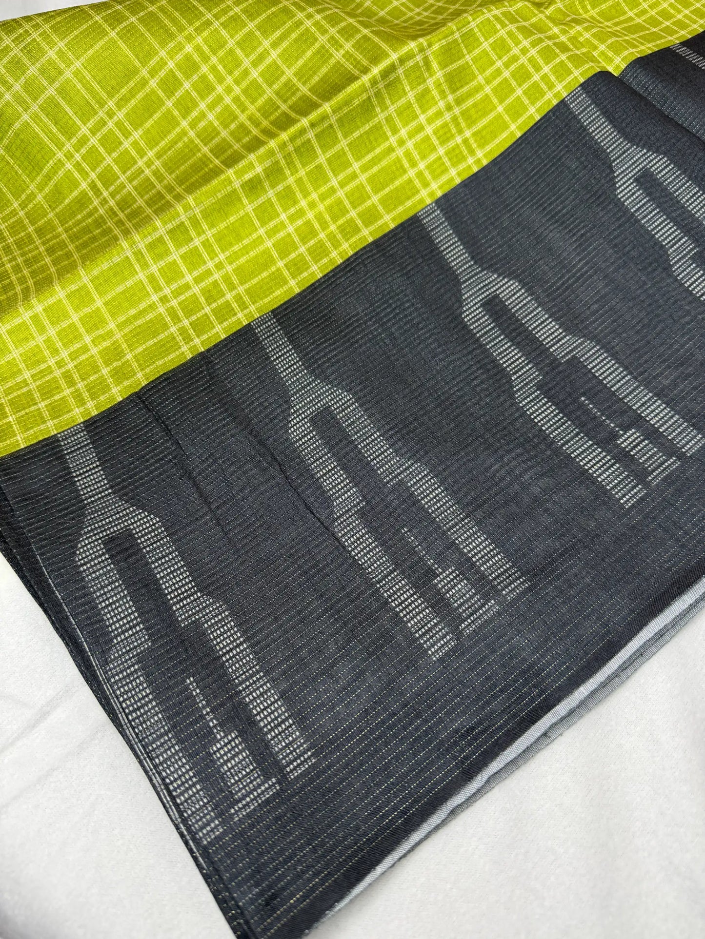 Lime Green & Charcoal – Handloom Saree with Checked Body -SKU: F2-002