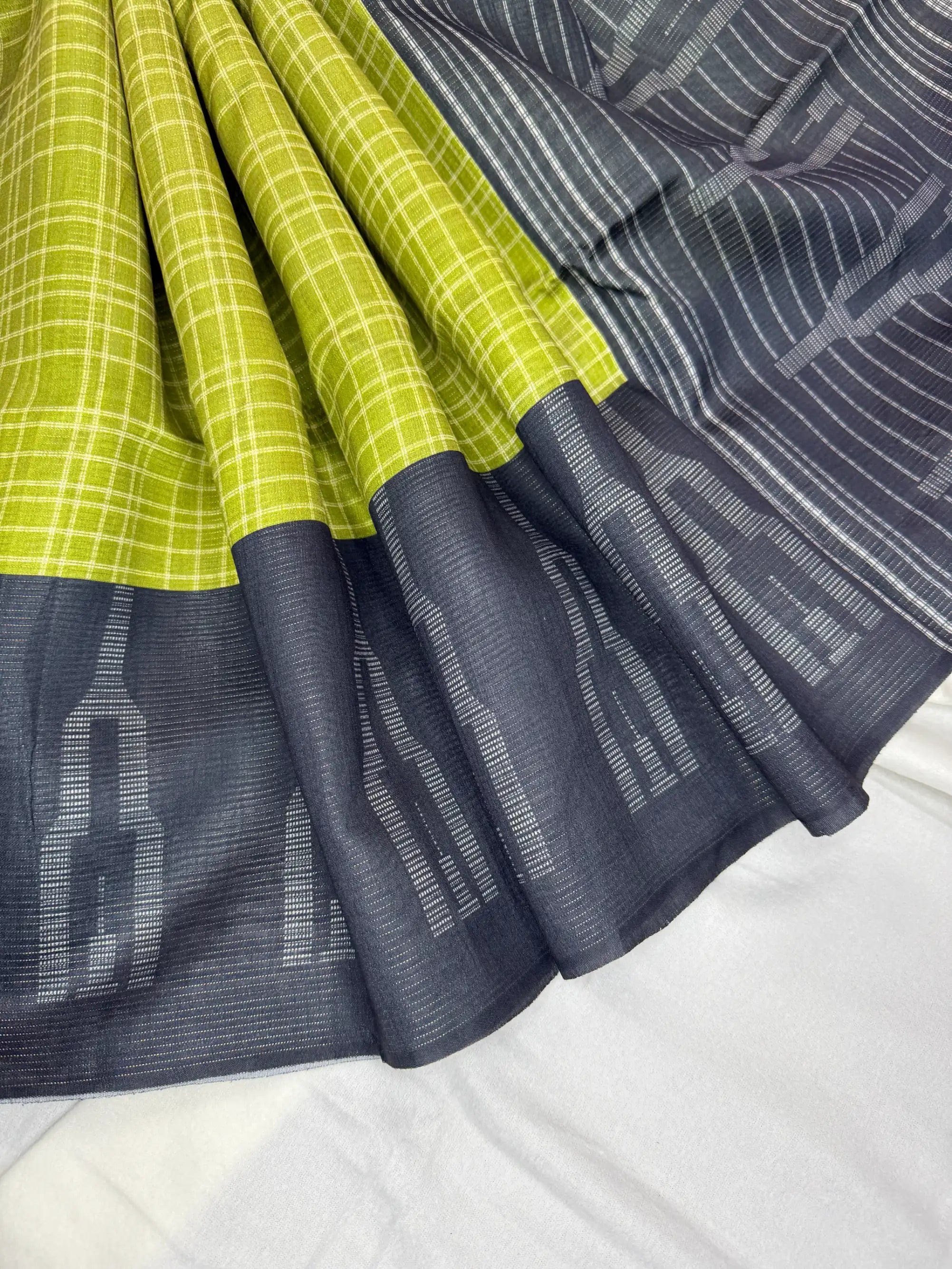 Lime Green & Charcoal – Handloom Saree with Checked Body -SKU: F2-002