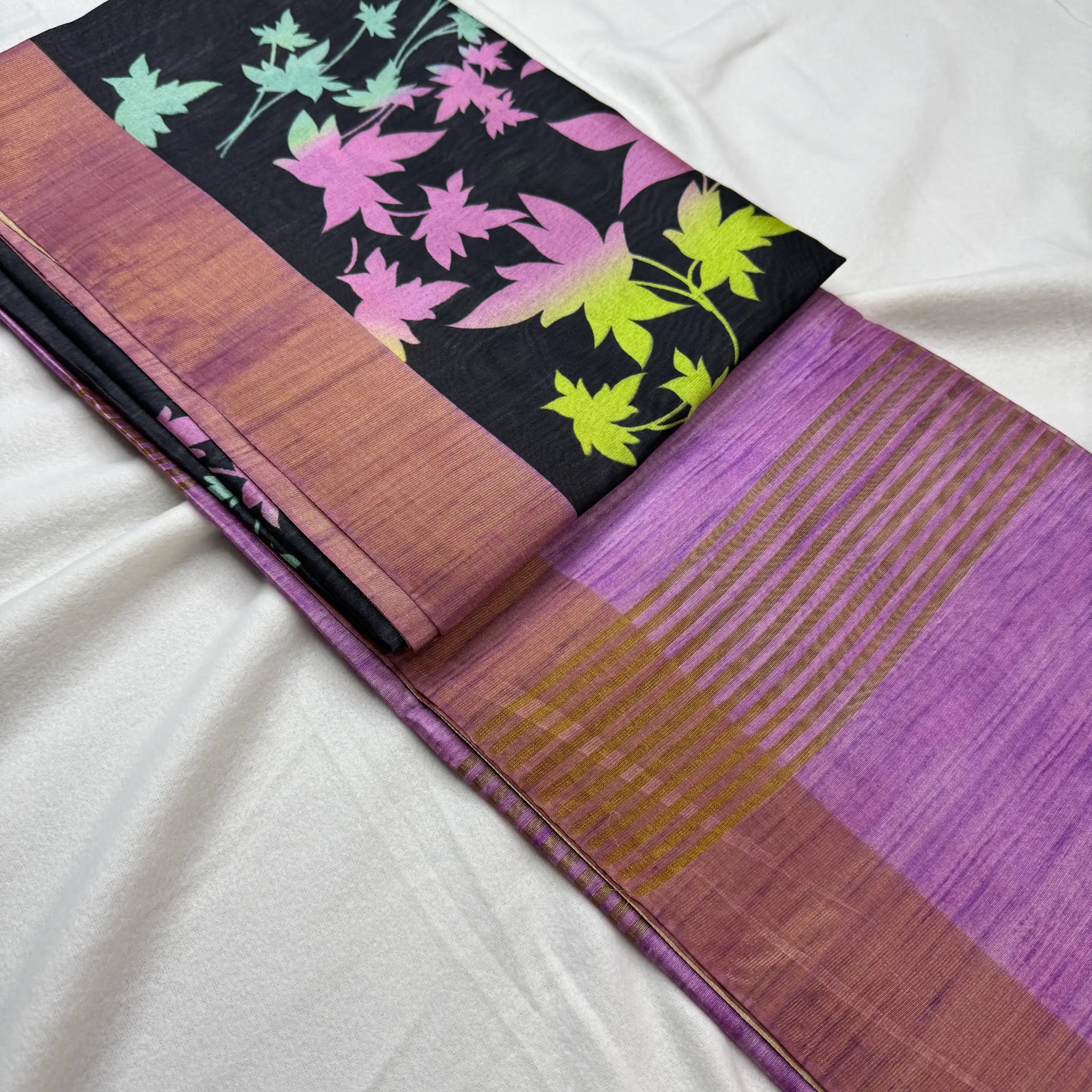 Black & Bronze – Tussar Saree with Floral Print -SKU: G3-001