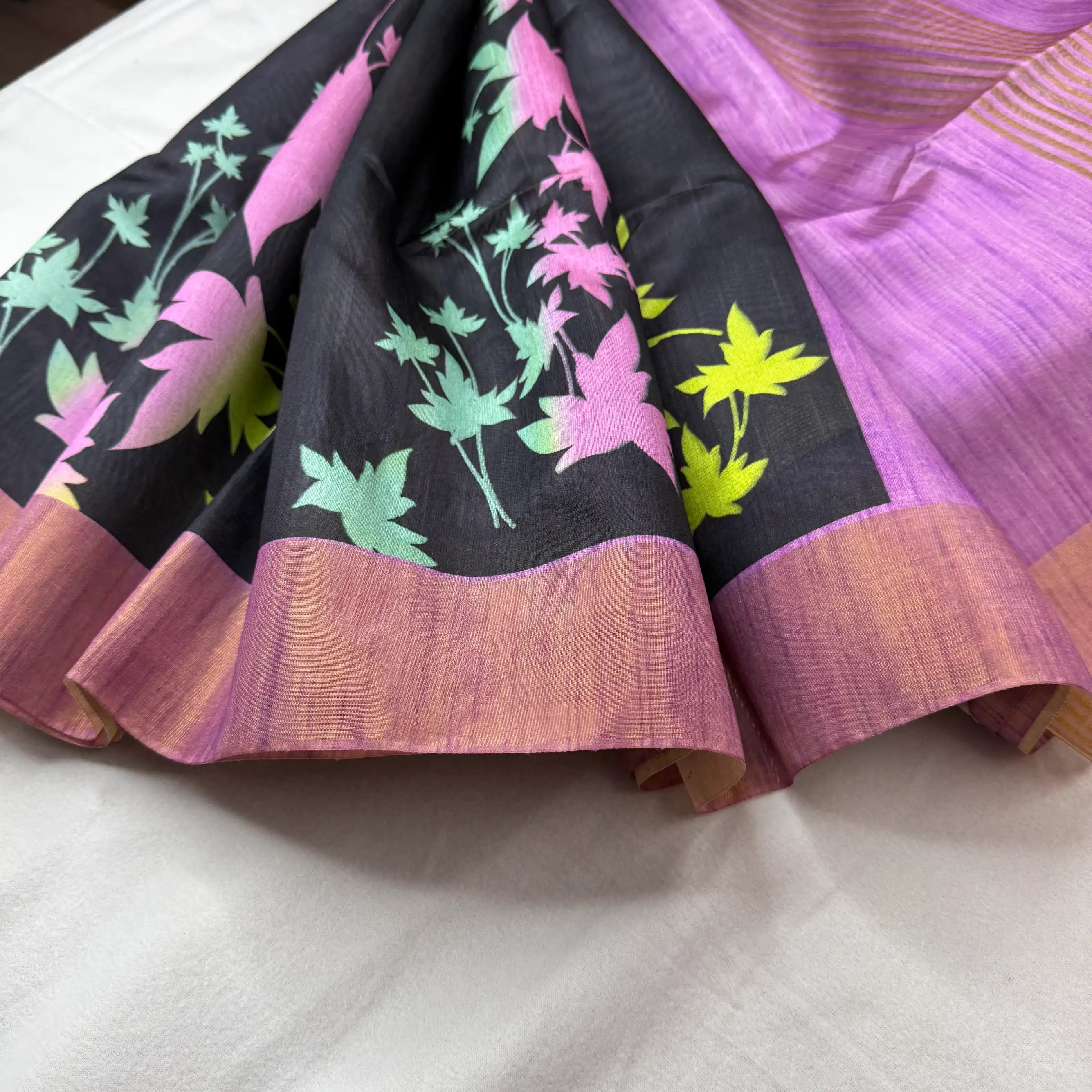 Black & Bronze – Tussar Saree with Floral Print -SKU: G3-001