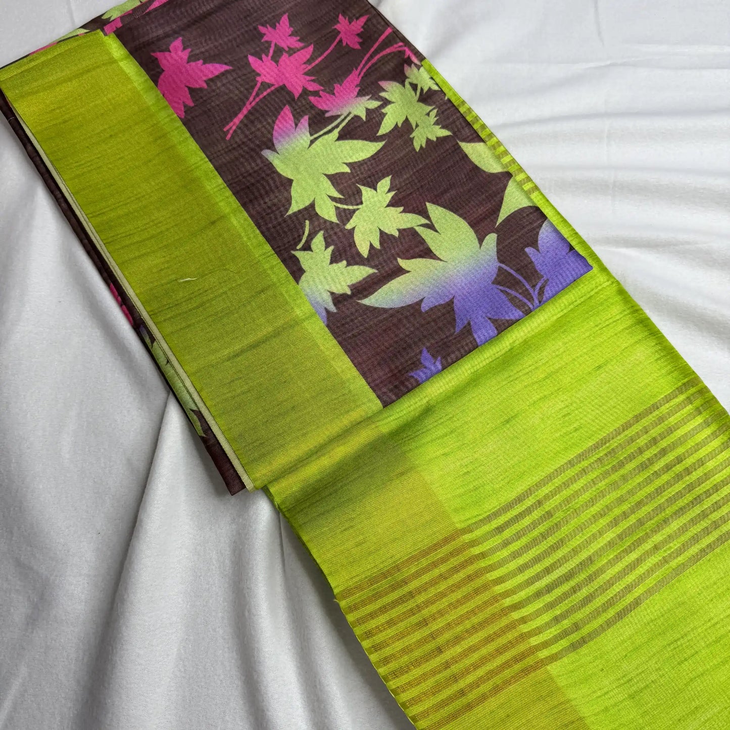 Black & Neon Green – Tussar Saree with Floral Print -SKU: G3-002