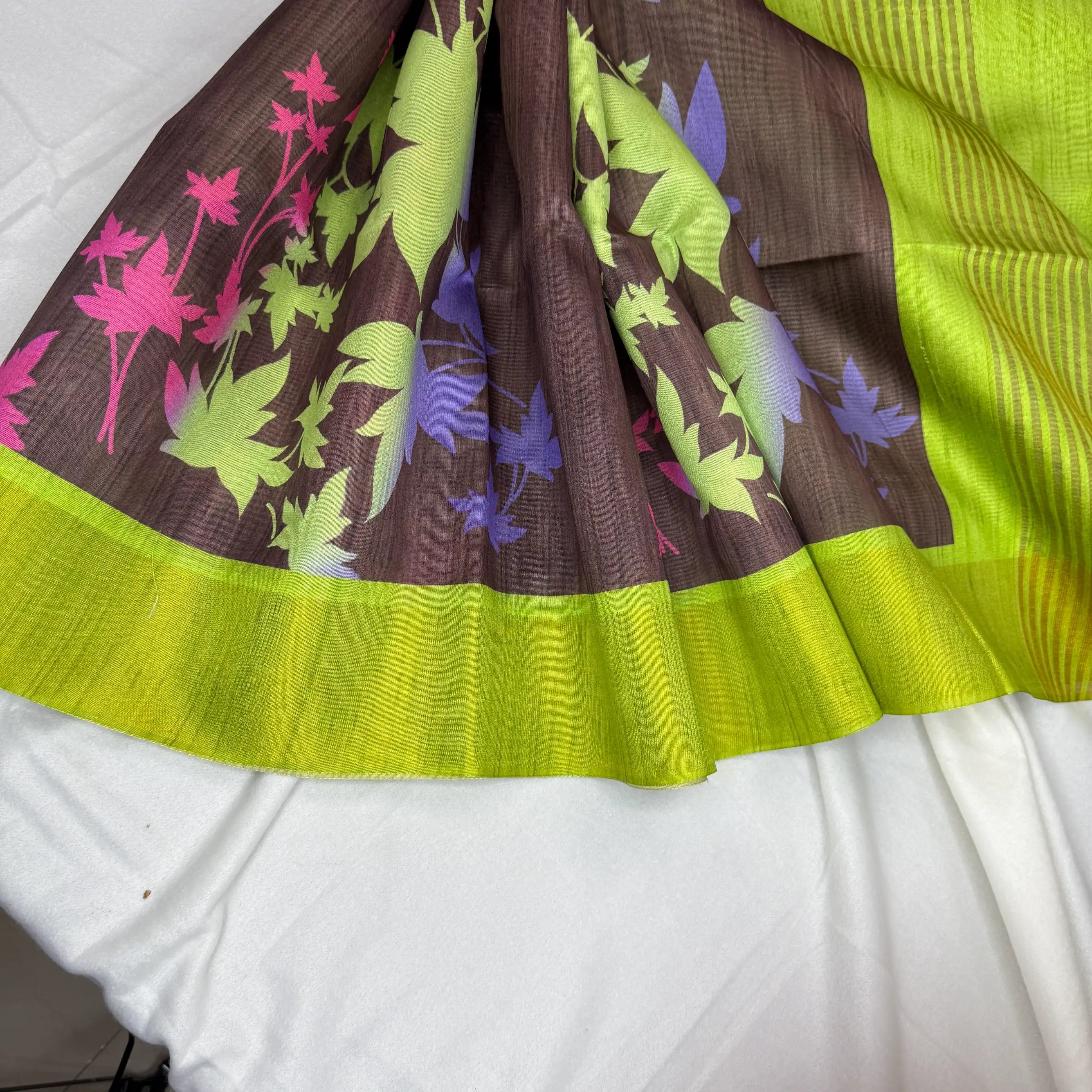 Black & Neon Green – Tussar Saree with Floral Print -SKU: G3-002
