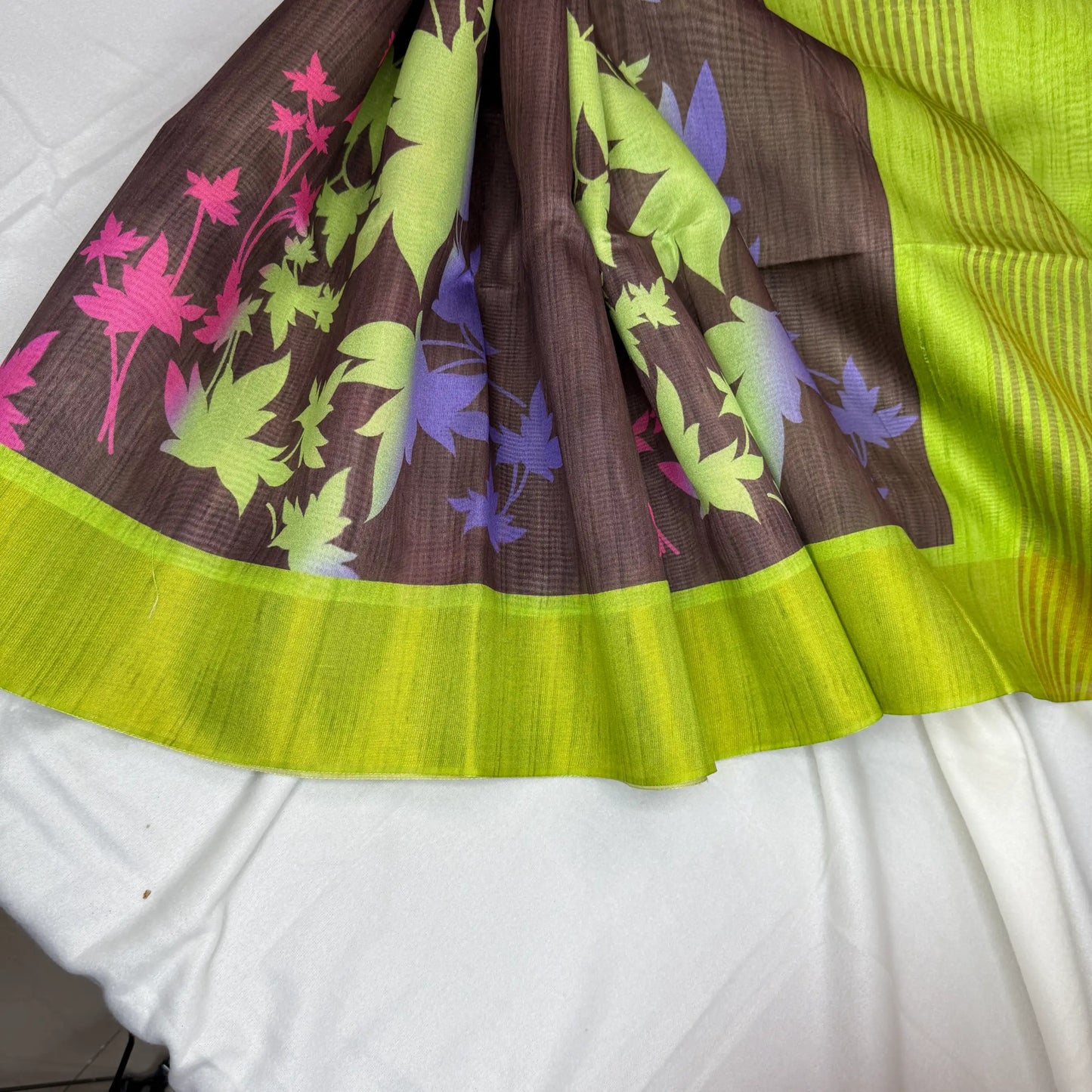 Black & Neon Green – Tussar Saree with Floral Print -SKU: G3-002
