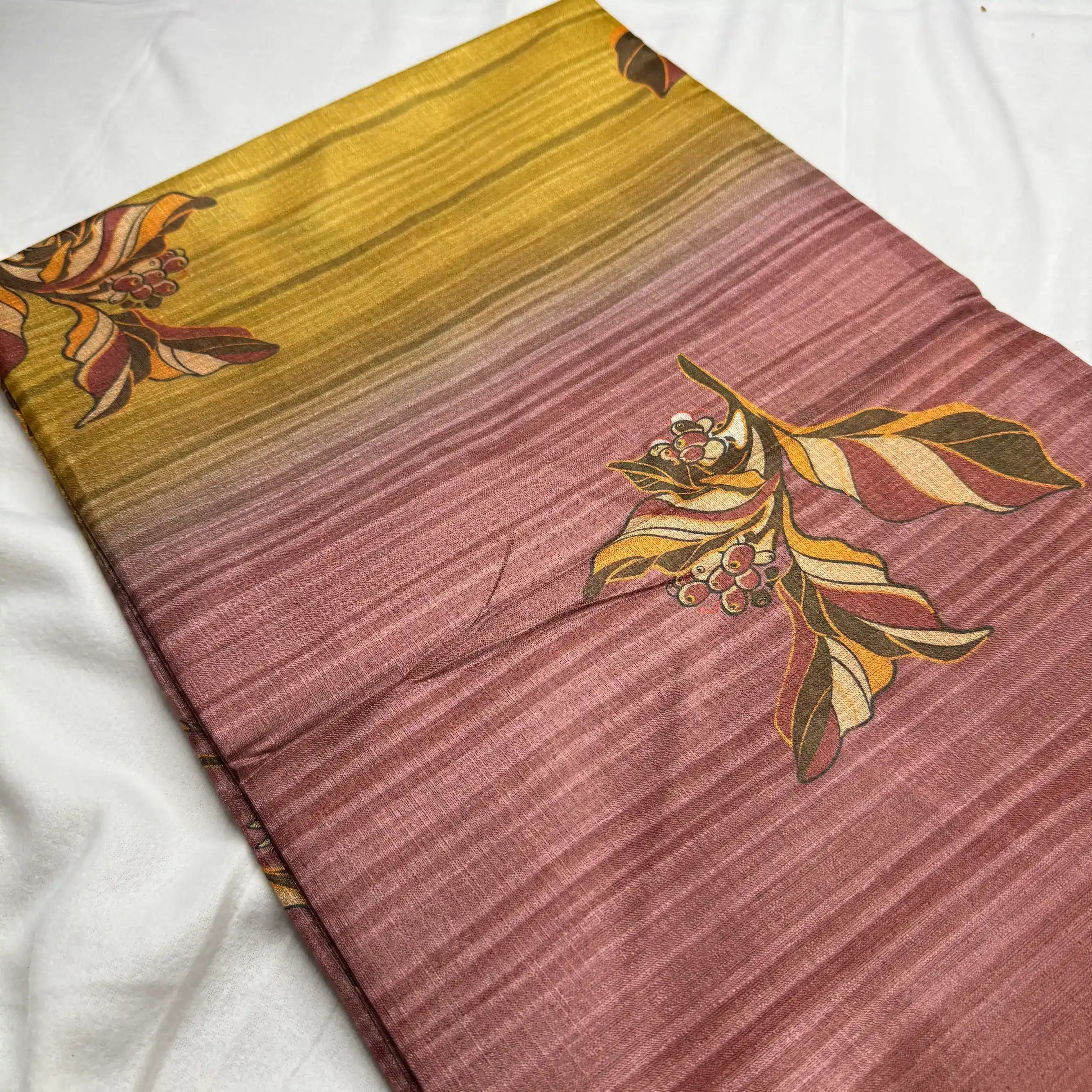 Ombre Wine & Gold – Cotton Saree with Leaf Print -SKU: E2-001