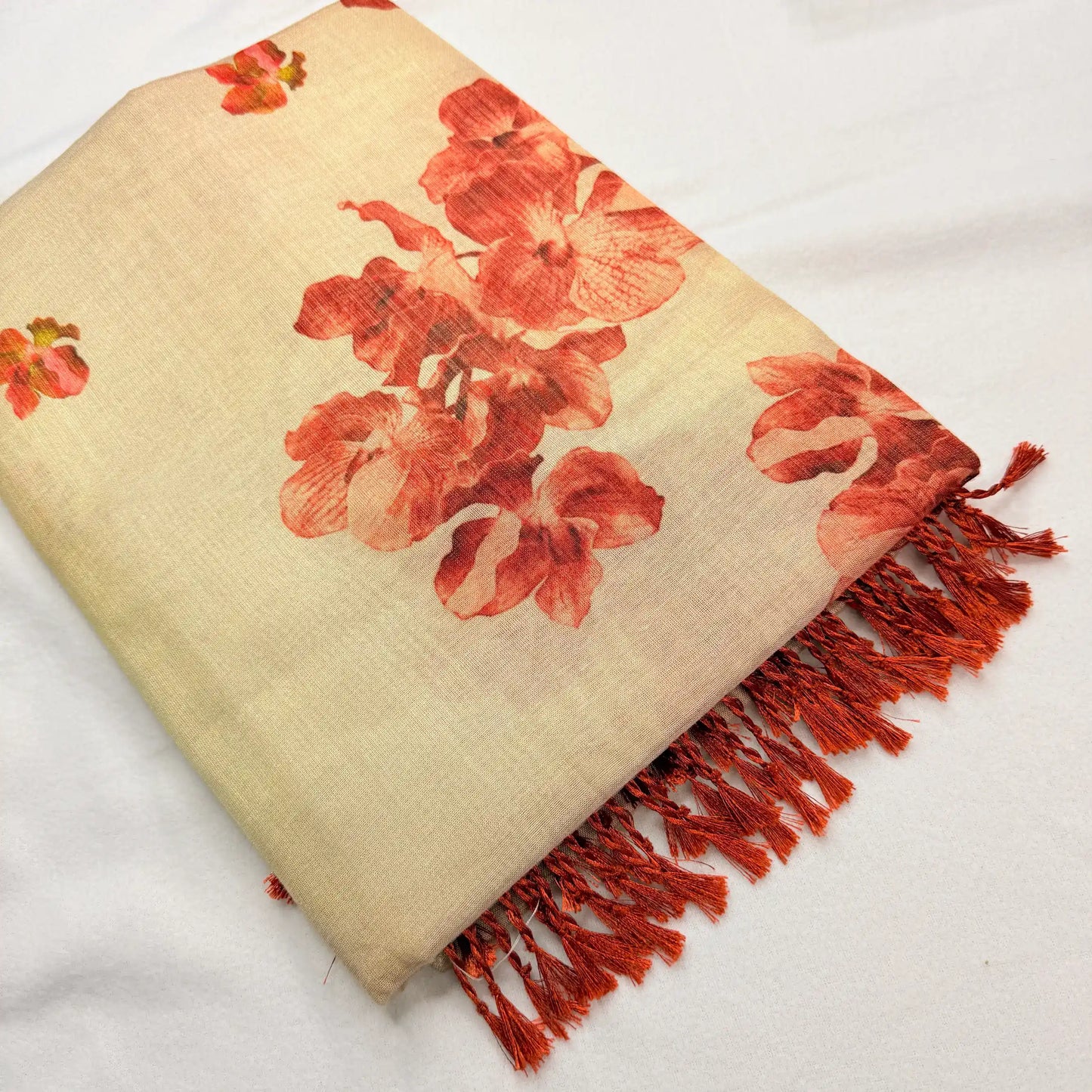 Beige & Orange – Linen Saree with Floral Print -SKU: E3-001