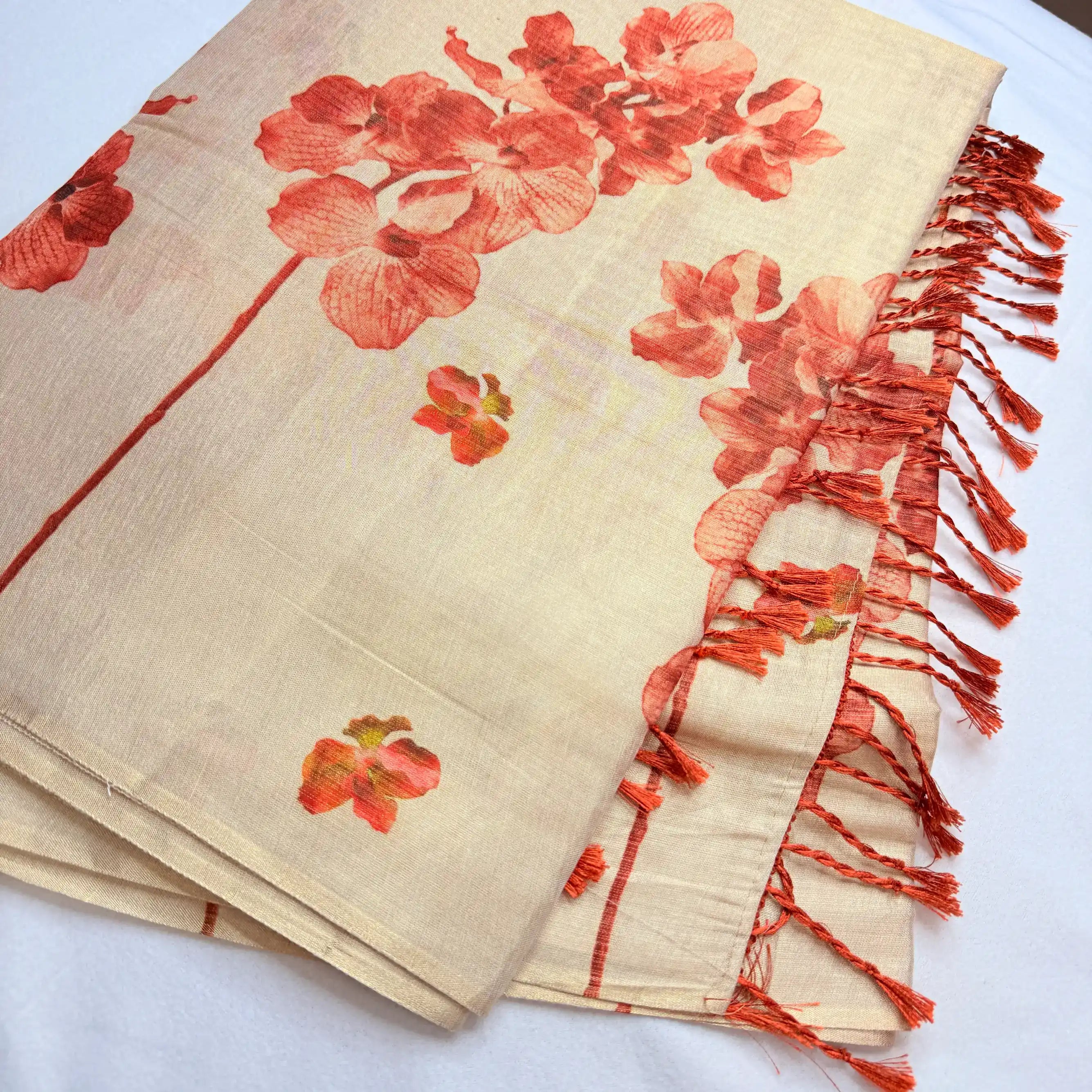 Beige & Orange – Linen Saree with Floral Print -SKU: E3-001