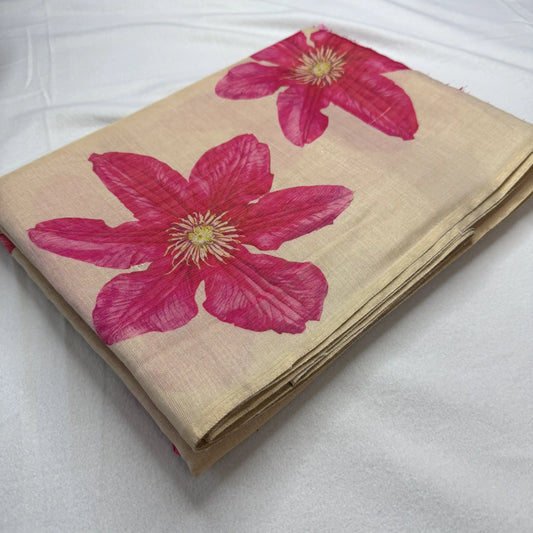 Elegant Beige Fancy Cotton Silk Saree with Vibrant Pink Floral Print -E1-003