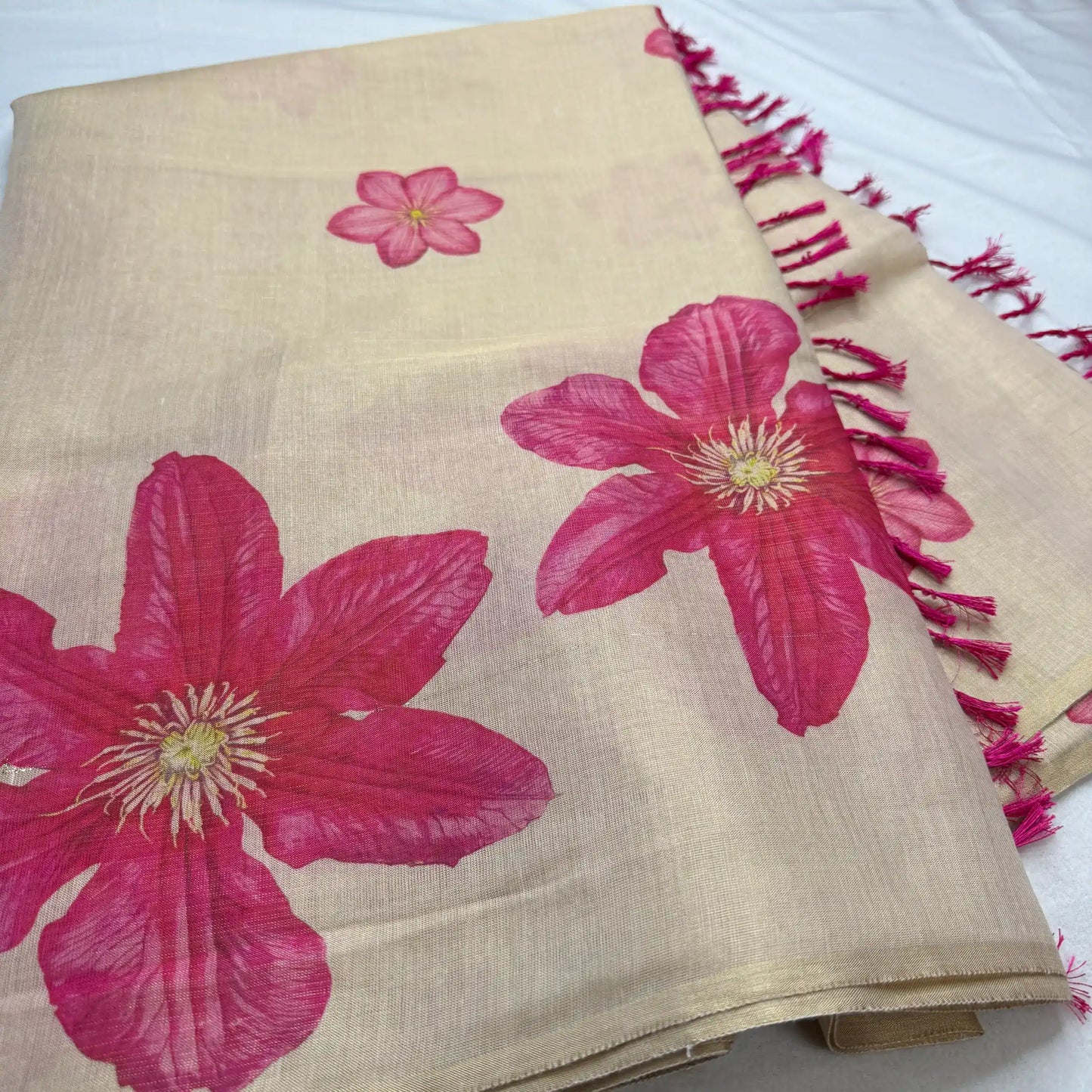 Elegant Beige Fancy Cotton Silk Saree with Vibrant Pink Floral Print -E1-003