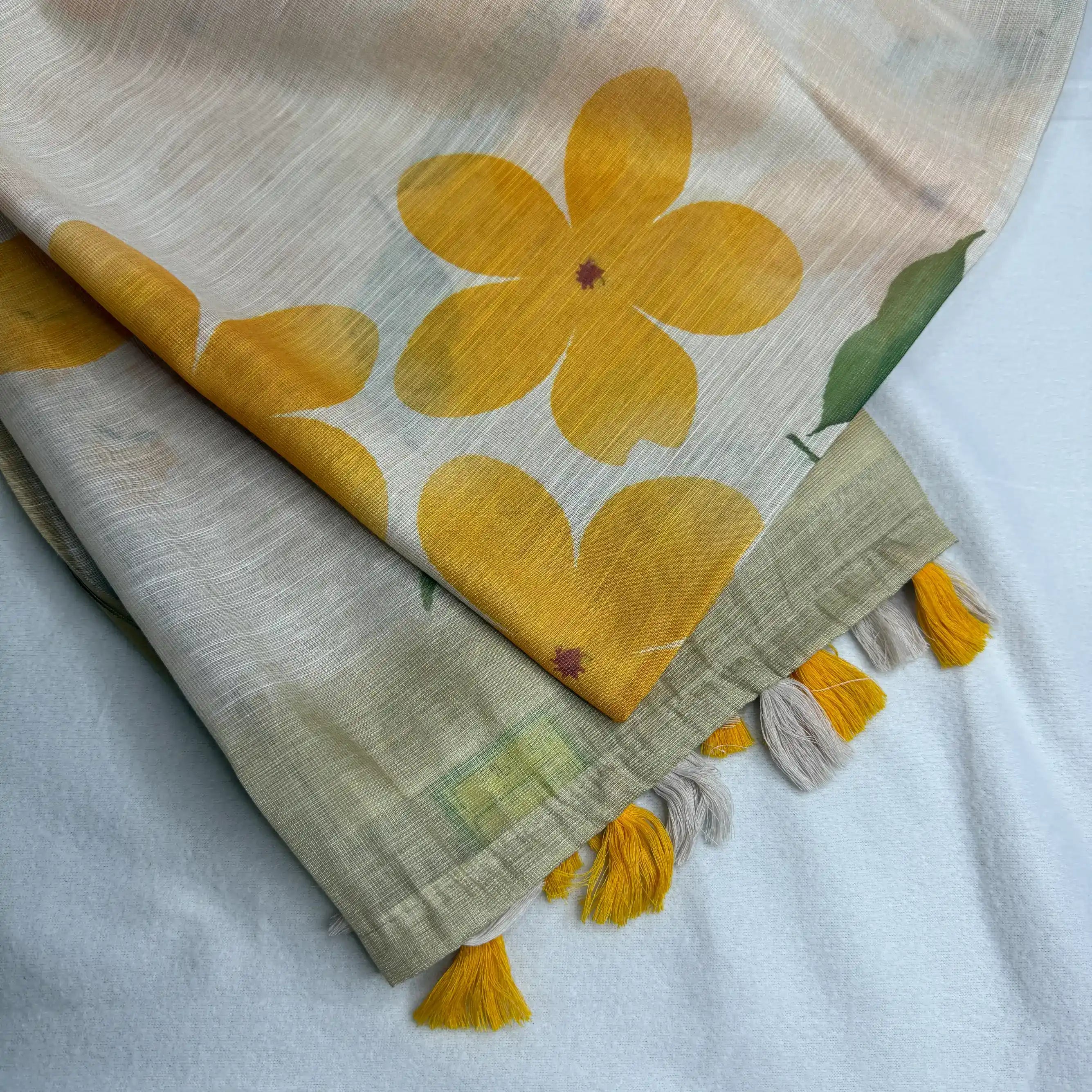Elegant Beige Fancy Cotton Silk Saree with Yellow Floral Print -E1-005