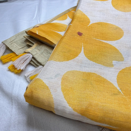 Elegant Beige Fancy Cotton Silk Saree with Yellow Floral Print -E1-004