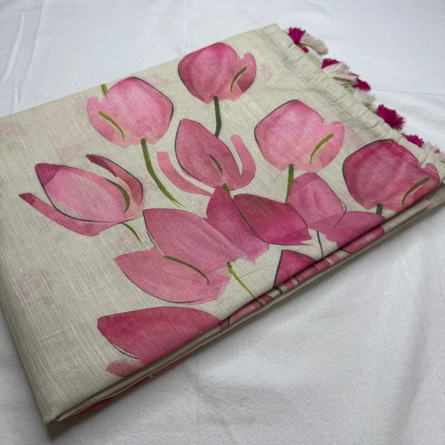 Elegant Beige Fancy Cotton Silk Saree with Pink Floral Print -E1-004