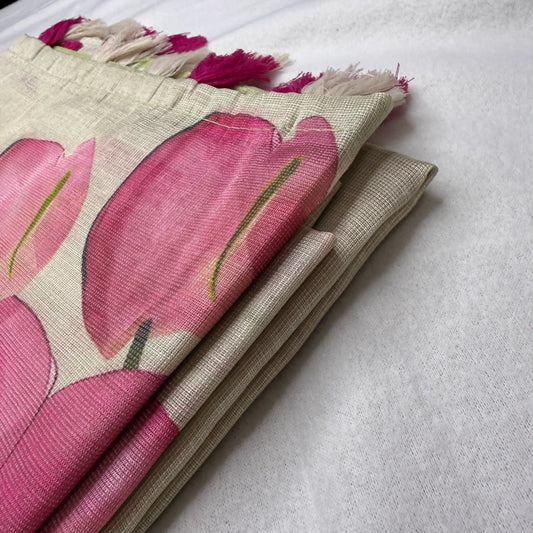 Elegant Beige Fancy Cotton Silk Saree with Pink Floral Print -E1-004