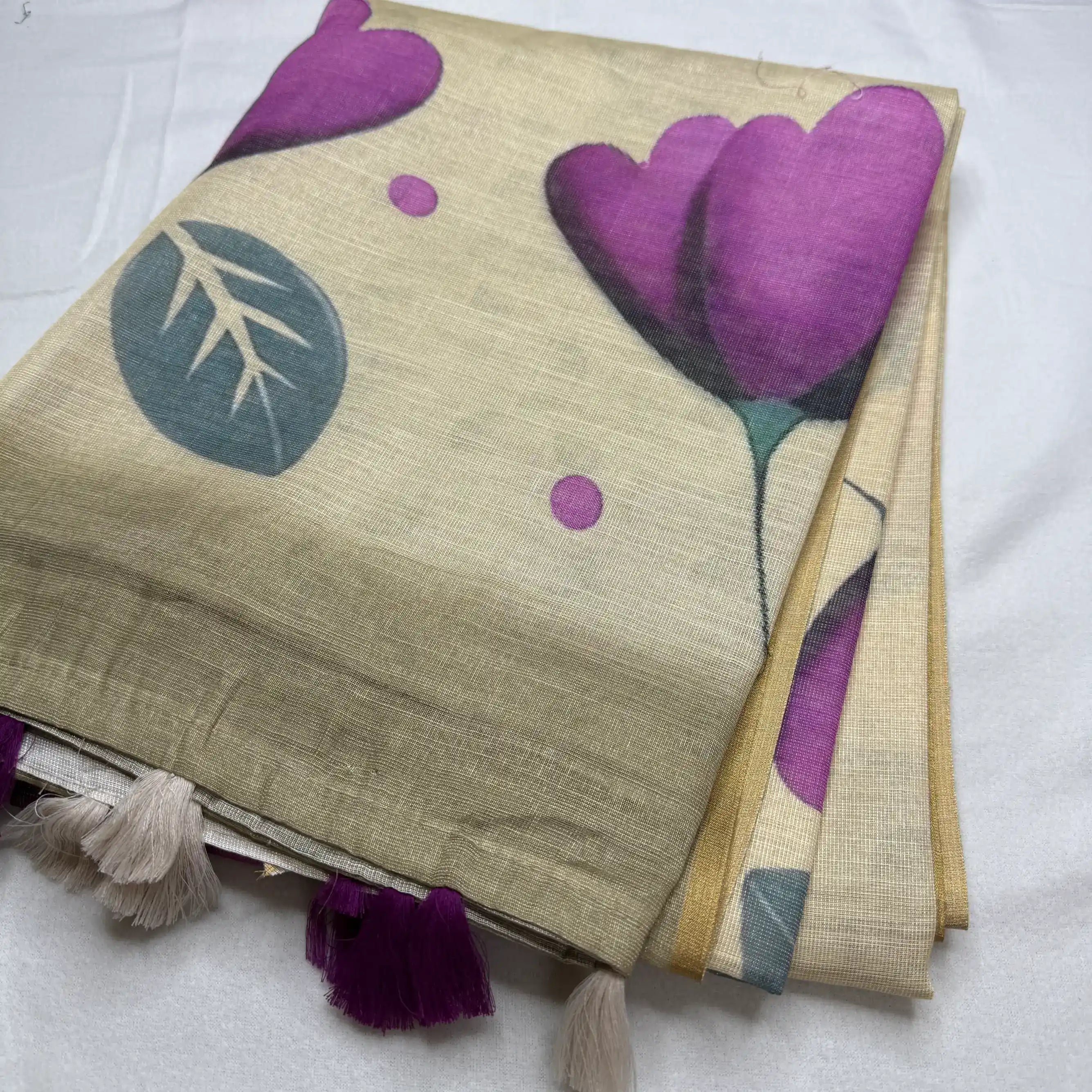 Elegant Beige Fancy Cotton Silk Saree with Purple Floral Print -E1-001