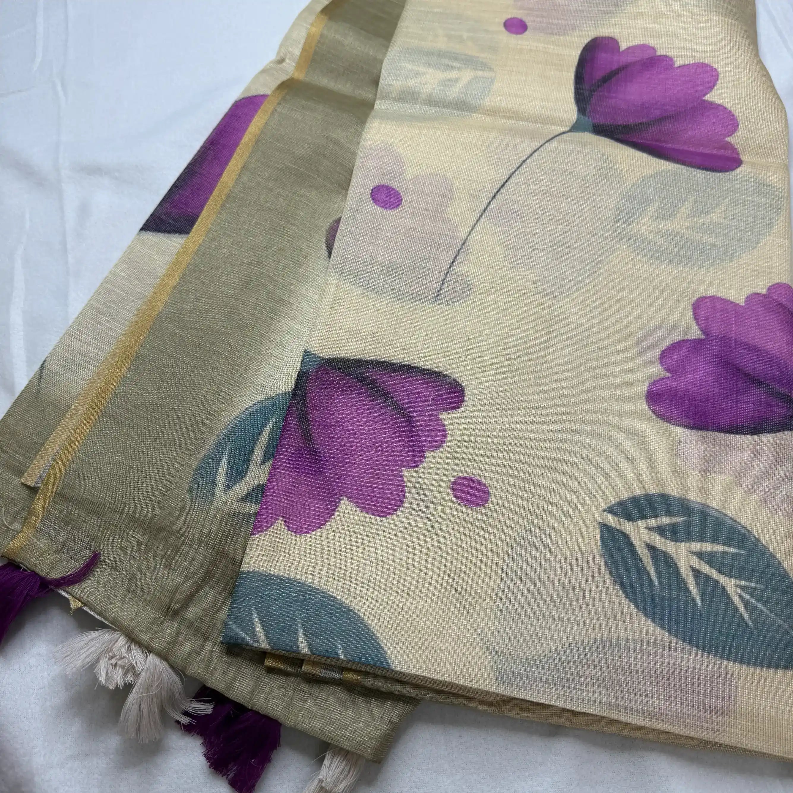 Elegant Beige Fancy Cotton Silk Saree with Purple Floral Print -E1-001