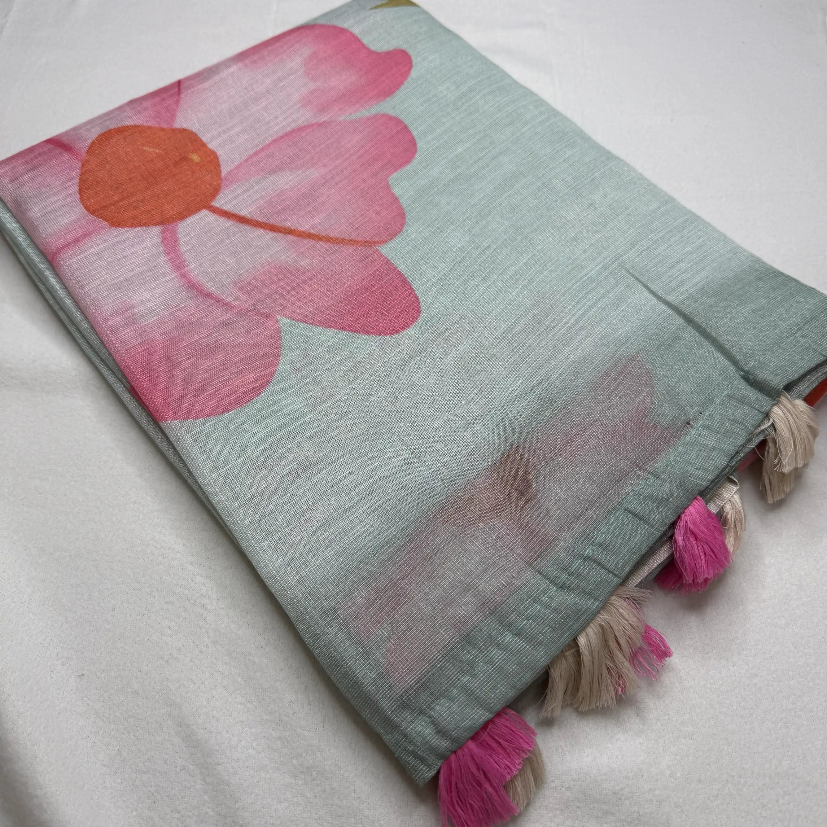 Elegant Sage Green Fancy Cotton Silk Saree with Pink Floral Print -E1-002