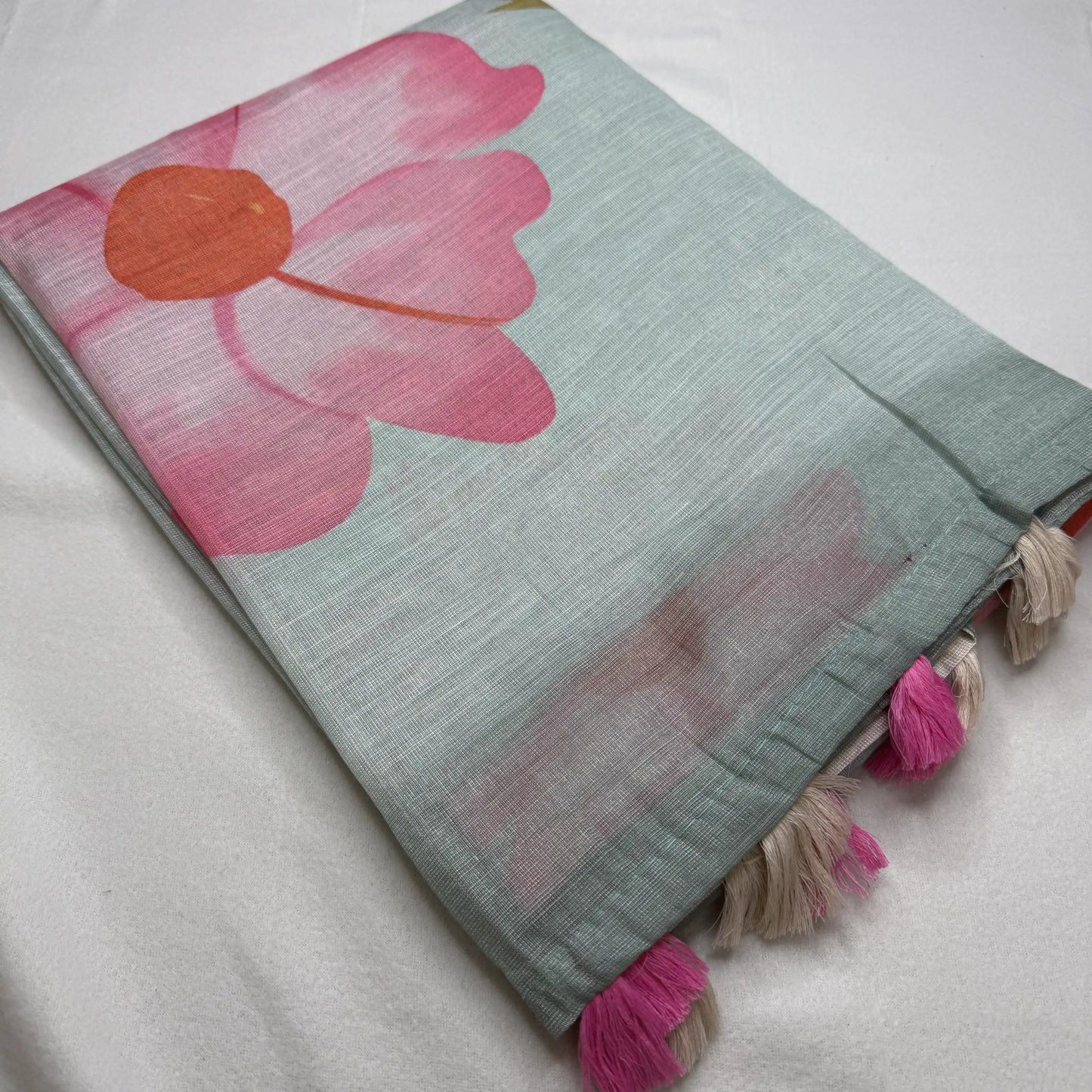 Elegant Sage Green Fancy Cotton Silk Saree with Pink Floral Print -E1-002