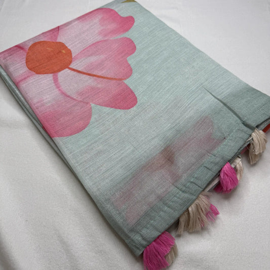 Elegant Sage Green Fancy Cotton Silk Saree with Pink Floral Print -E1-002