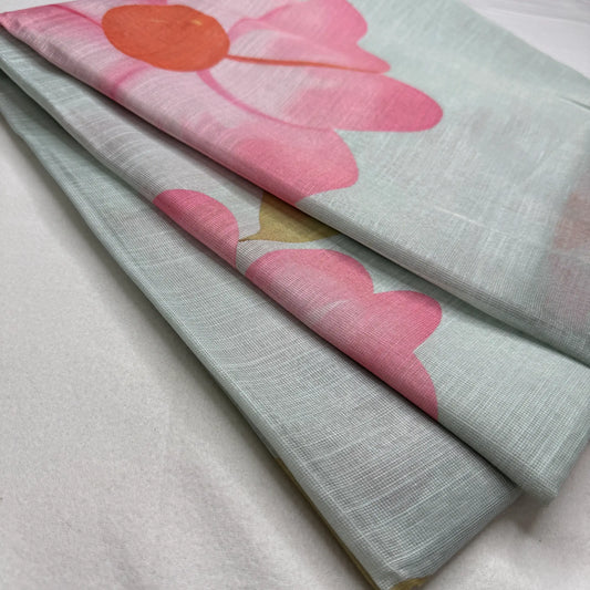 Elegant Sage Green Fancy Cotton Silk Saree with Pink Floral Print -E1-002