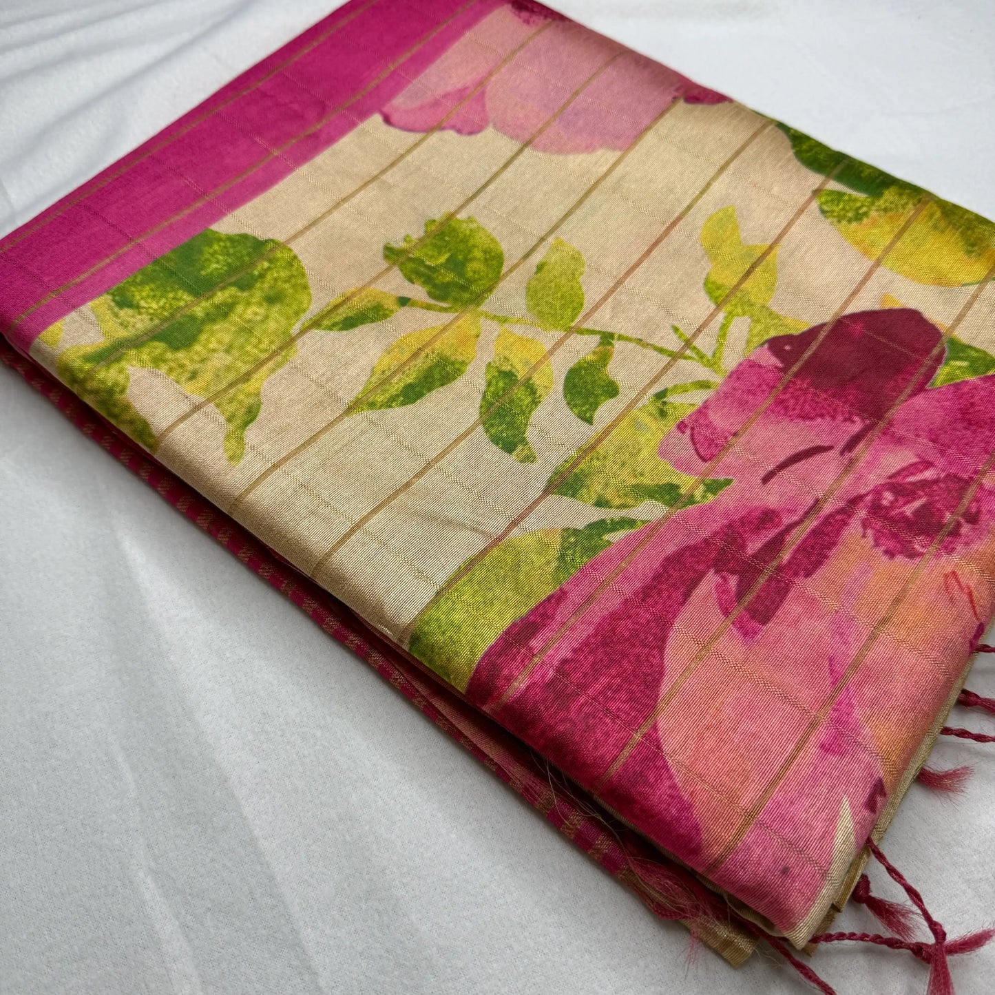 Fuchsia Pink & Beige – Linen Saree with Floral Print -SKU: E0-001