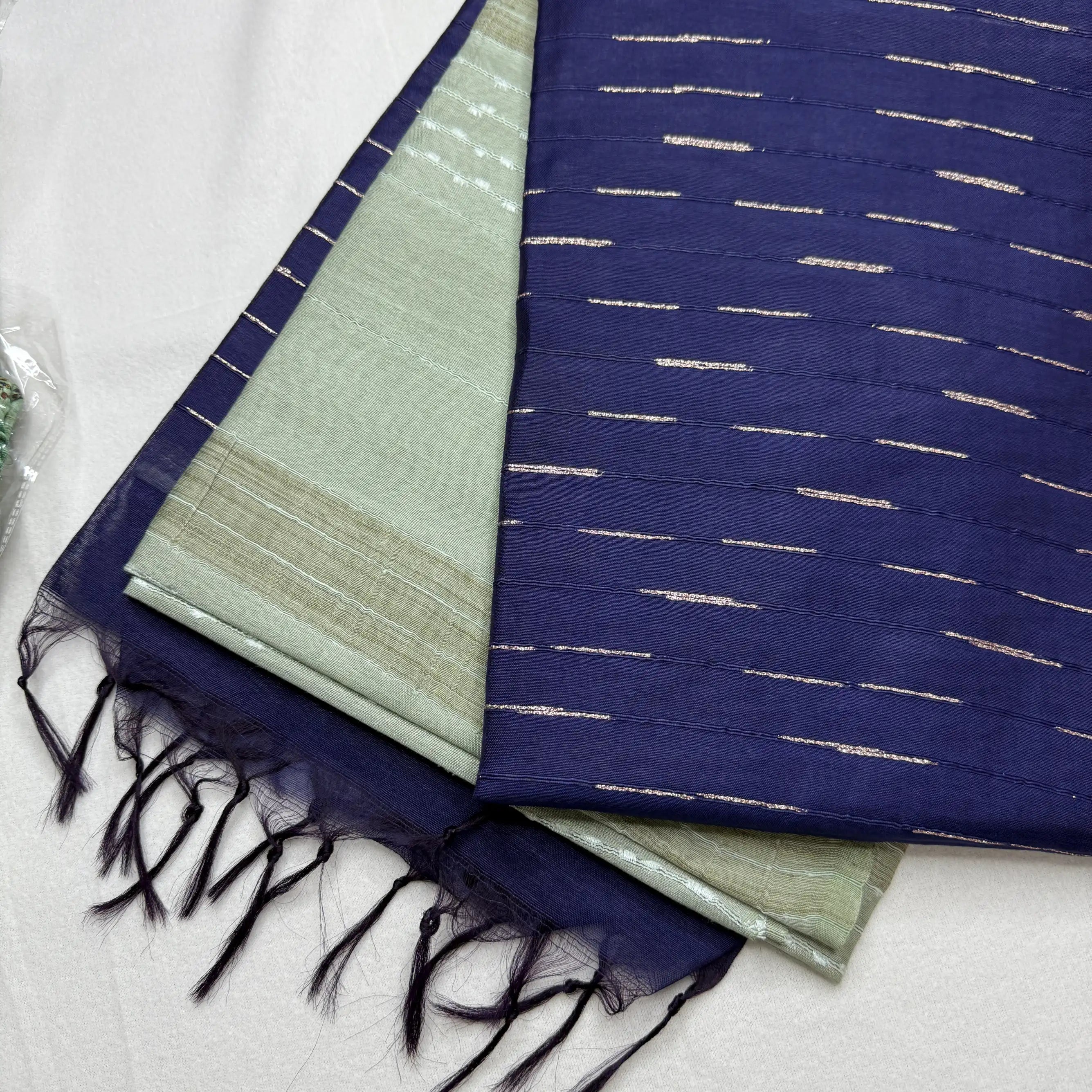 Indigo Blue & Sage Green – Raw Silk Saree with Striped Weave -SKU: F0-003