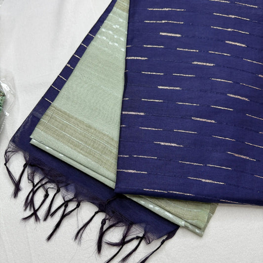 Indigo Blue & Sage Green – Raw Silk Saree with Striped Weave -SKU: F0-003
