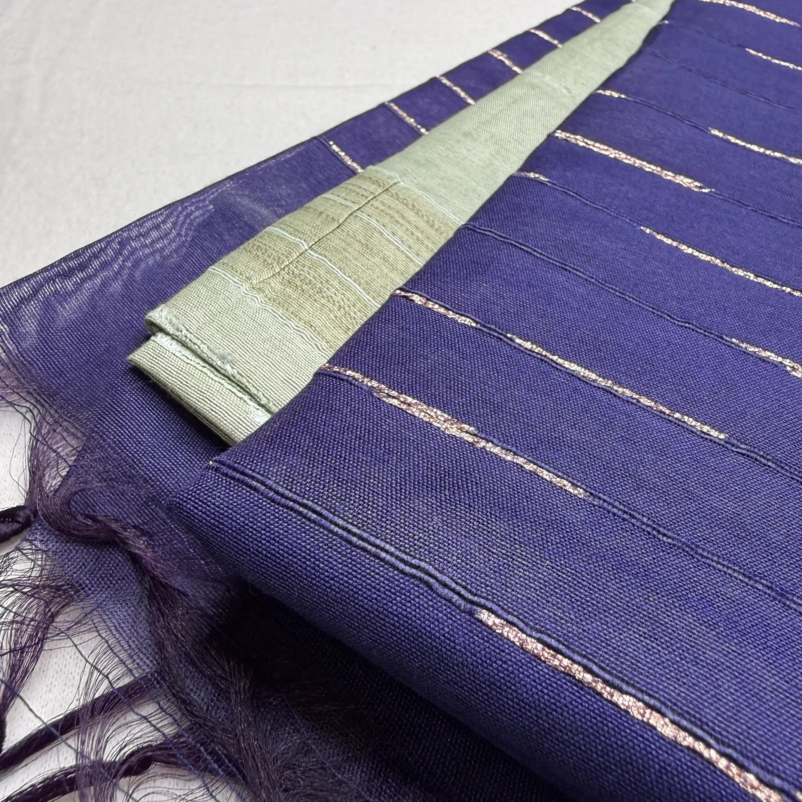 Indigo Blue & Sage Green – Raw Silk Saree with Striped Weave -SKU: F0-003