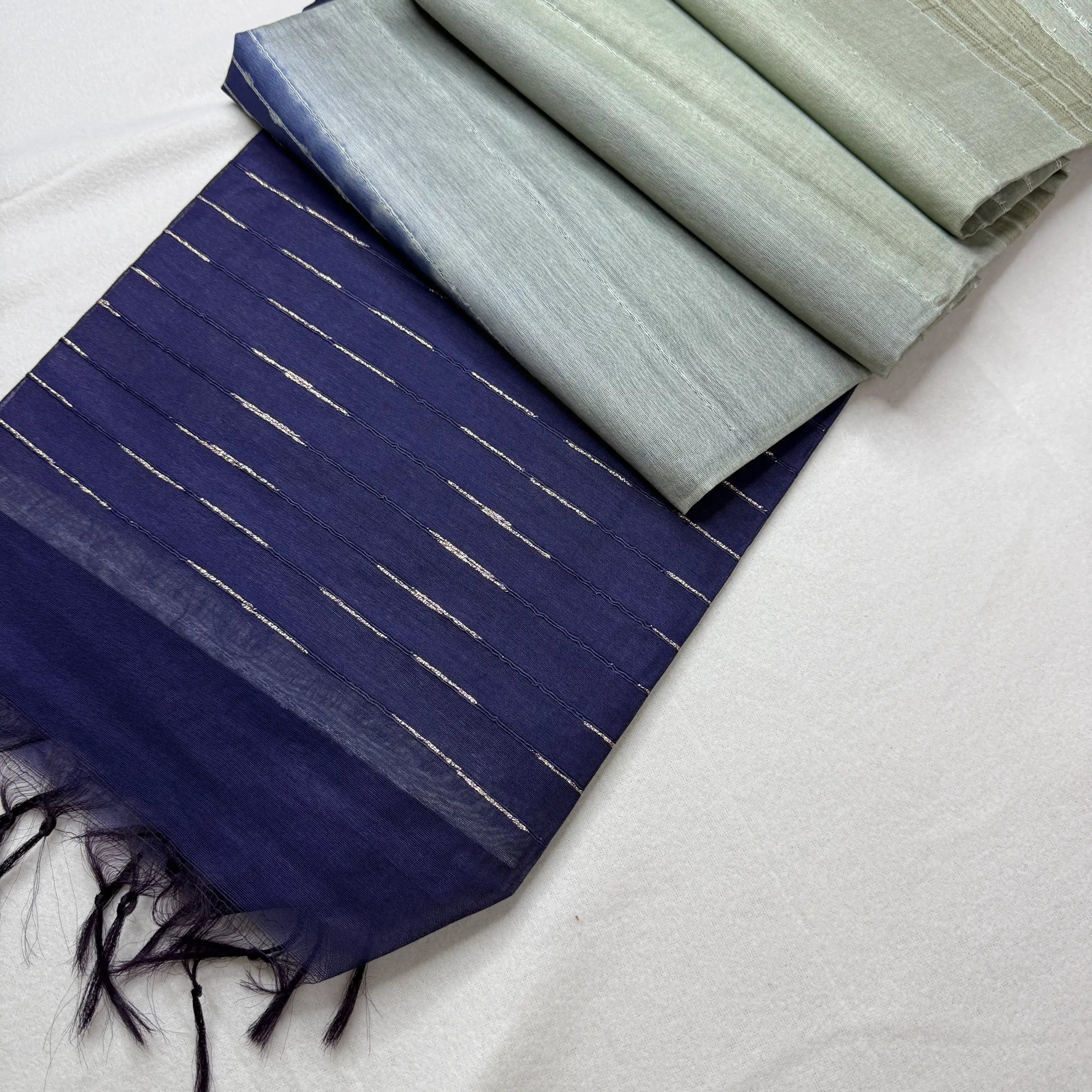 Indigo Blue & Sage Green – Raw Silk Saree with Striped Weave -SKU: F0-003