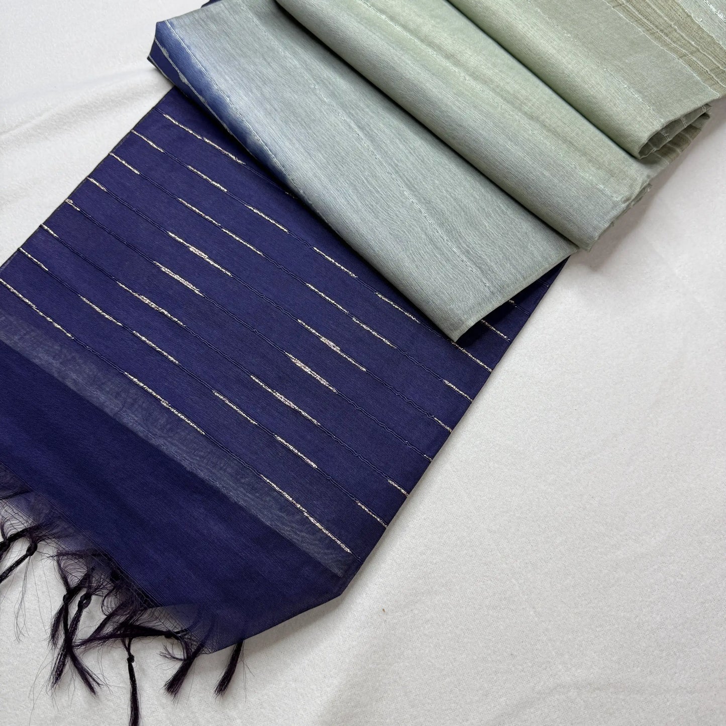 Indigo Blue & Sage Green – Raw Silk Saree with Striped Weave -SKU: F0-003