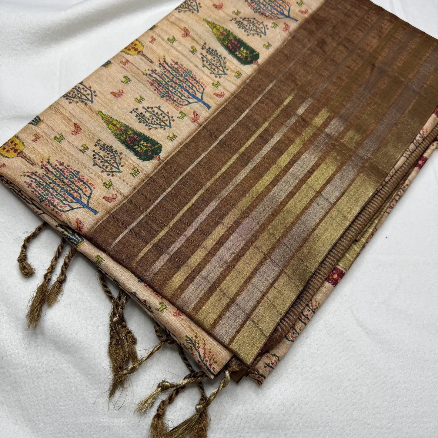 Beige & Rustic Brown – Dupian Tussar Saree with Tree Print -SKU: G0-002