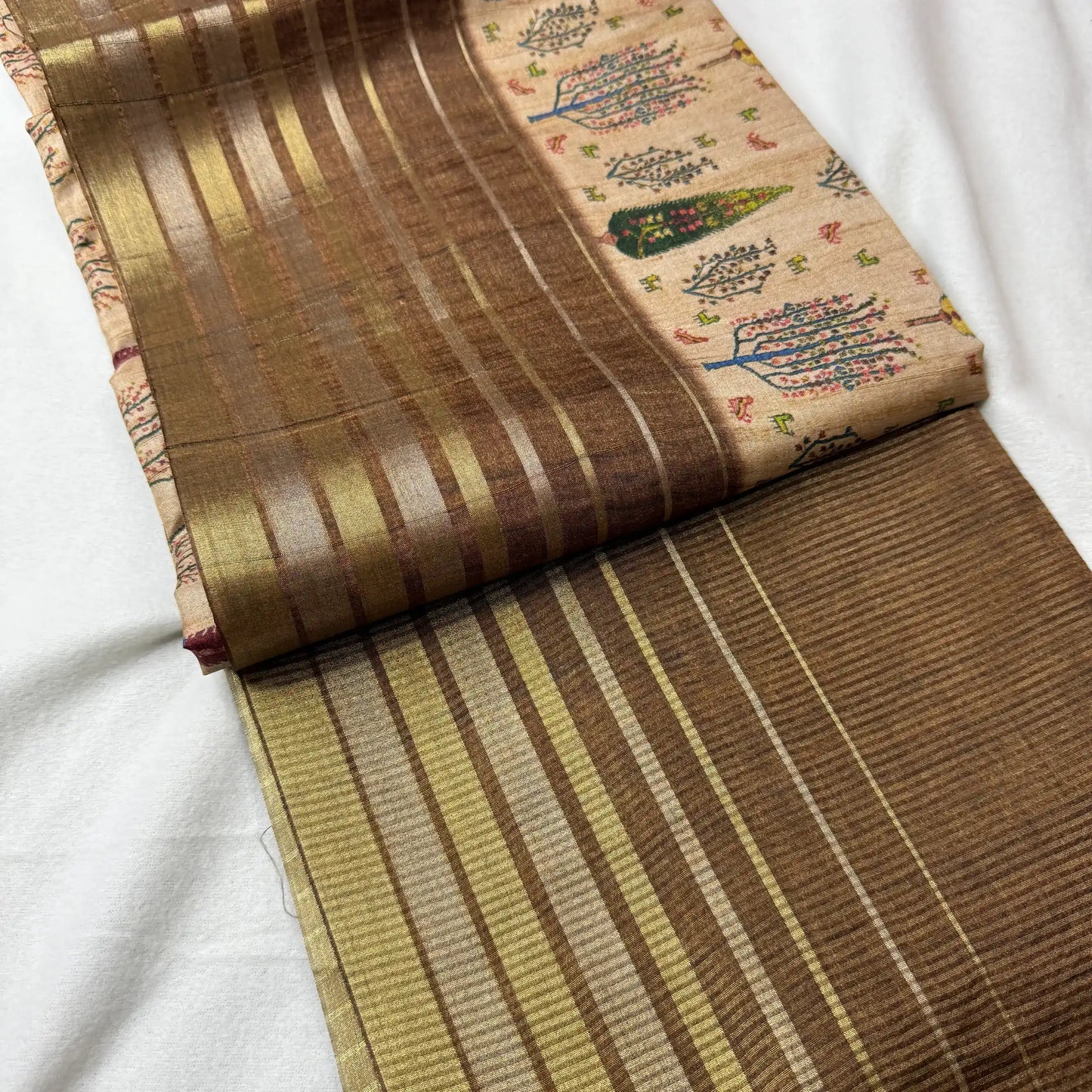Beige & Rustic Brown – Dupian Tussar Saree with Tree Print -SKU: G0-002