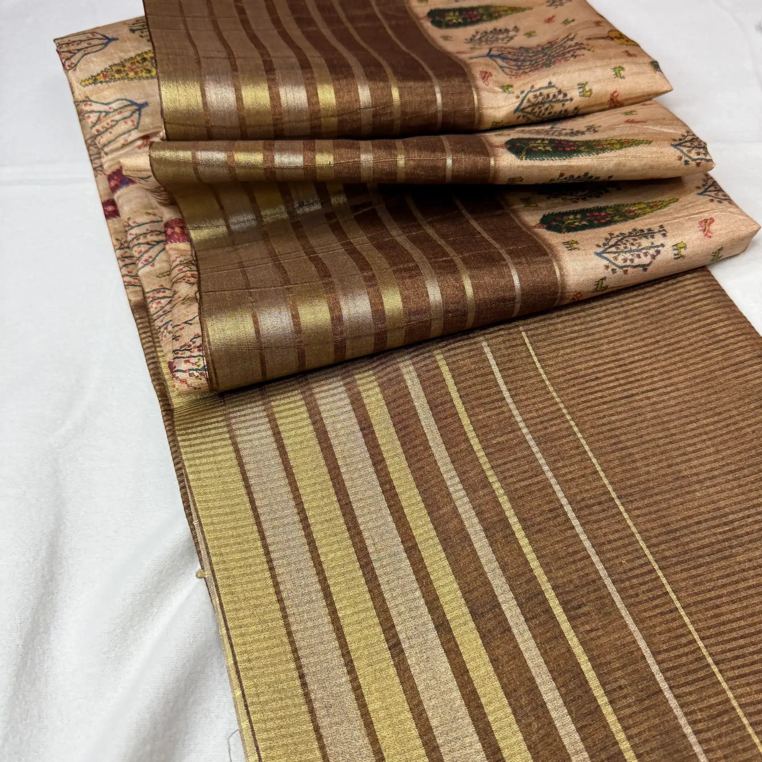 Beige & Rustic Brown – Dupian Tussar Saree with Tree Print -SKU: G0-002