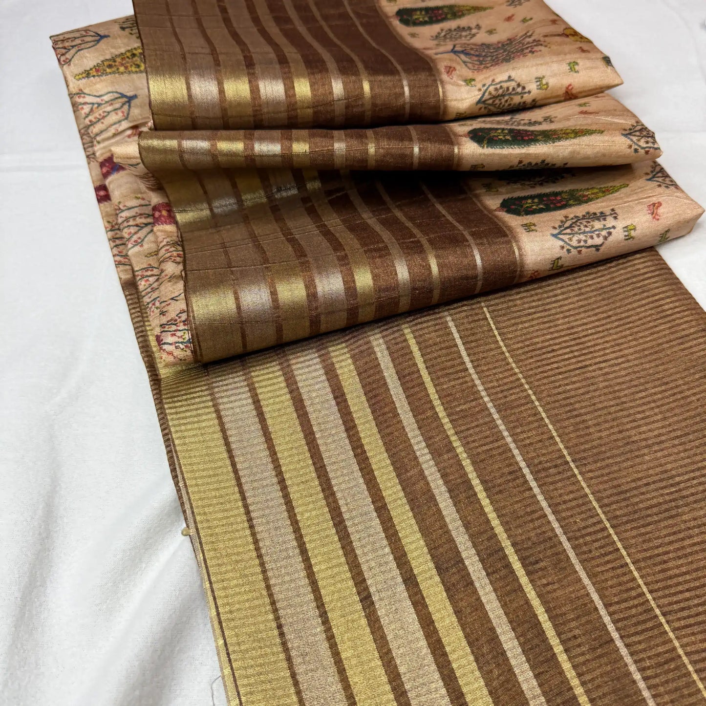 Beige & Rustic Brown – Dupian Tussar Saree with Tree Print -SKU: G0-002