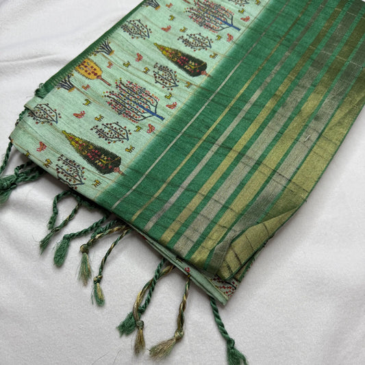 Seafoam Green & Forest Green – Dupian Tussar Saree with Tree Print -SKU: G0-001