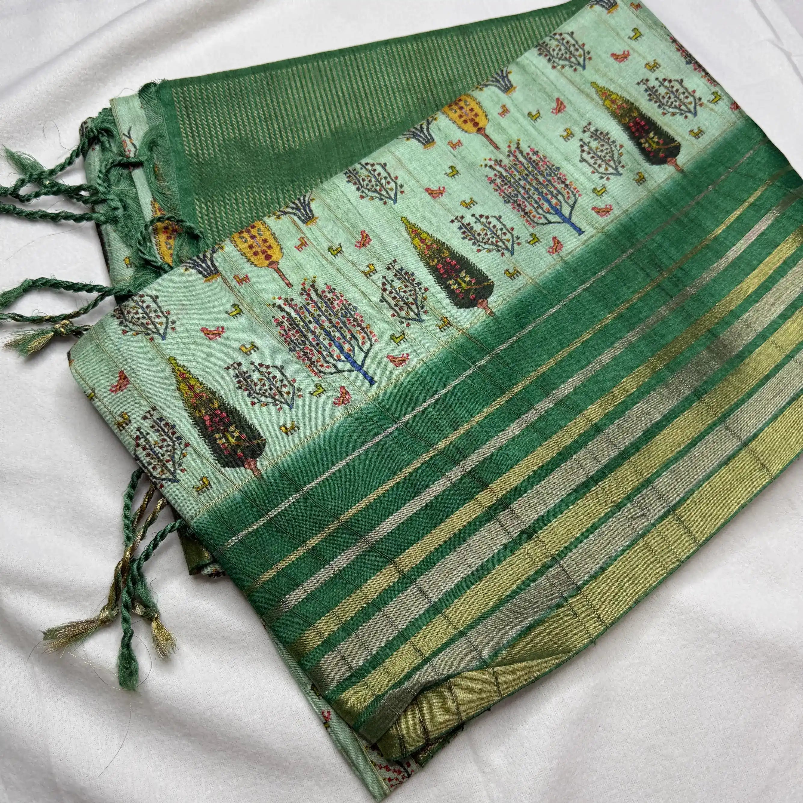 Seafoam Green & Forest Green – Dupian Tussar Saree with Tree Print -SKU: G0-001