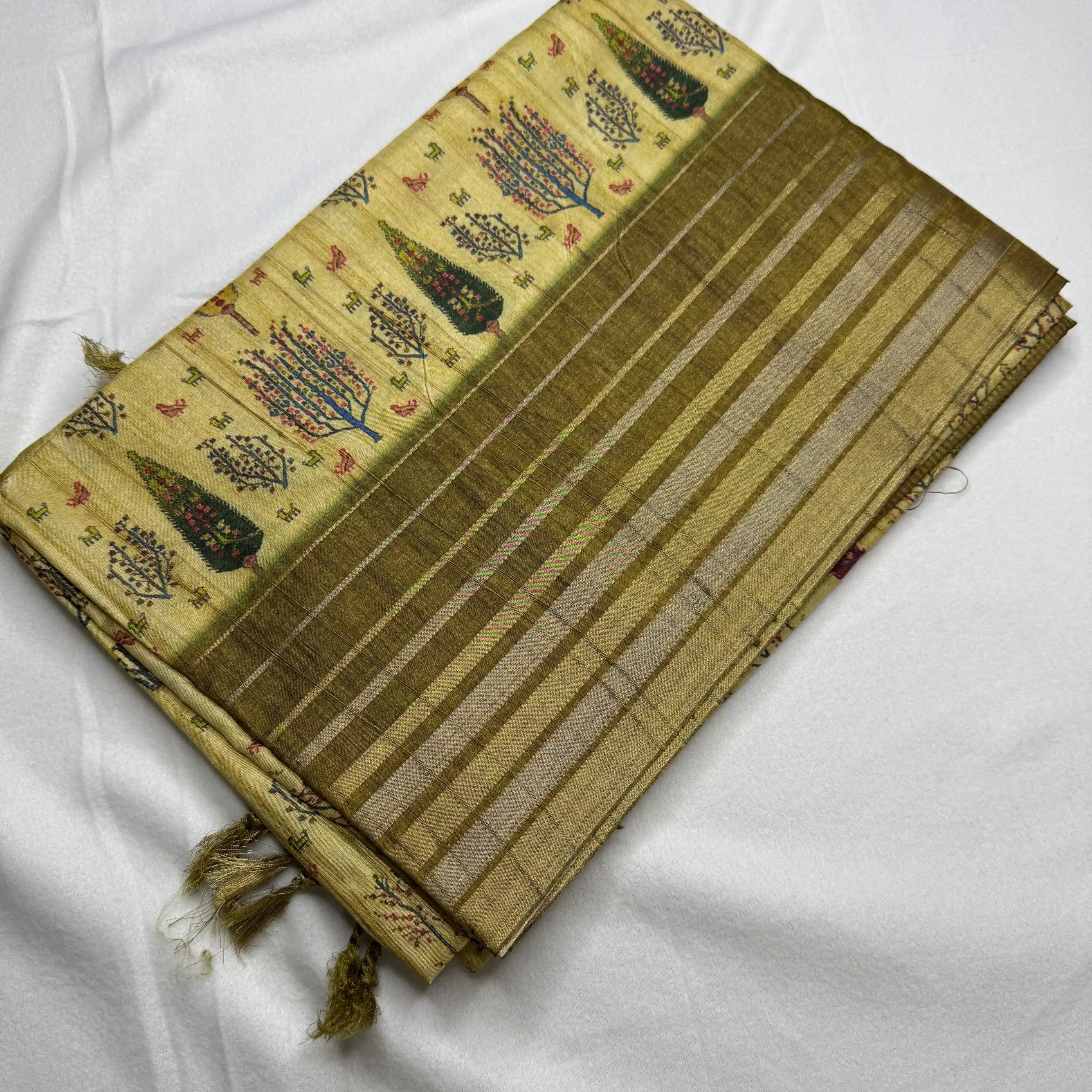 Beige & Rustic Gold – Dupian Tussar Saree with Tree Print -SKU: G0-003