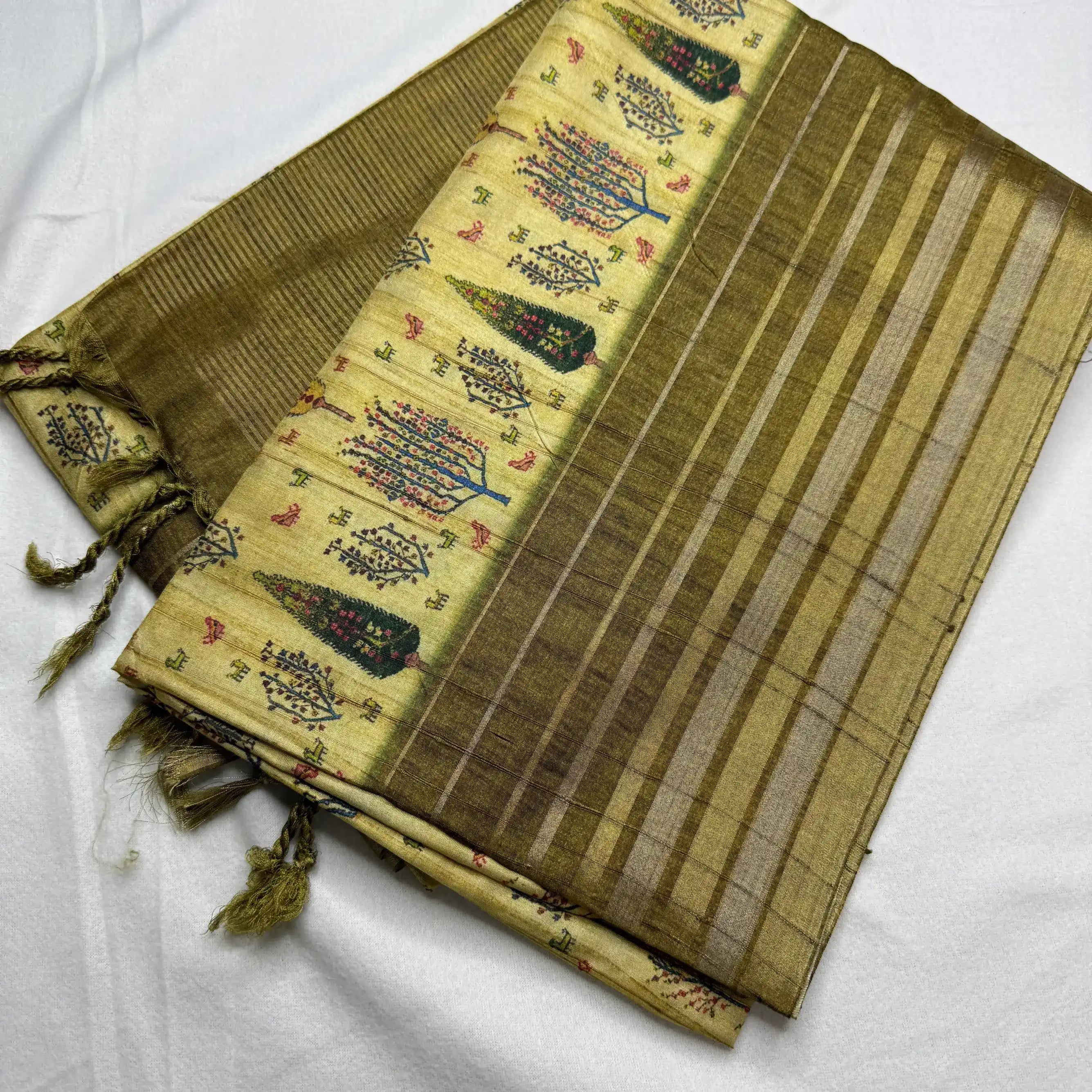 Beige & Rustic Gold – Dupian Tussar Saree with Tree Print -SKU: G0-003