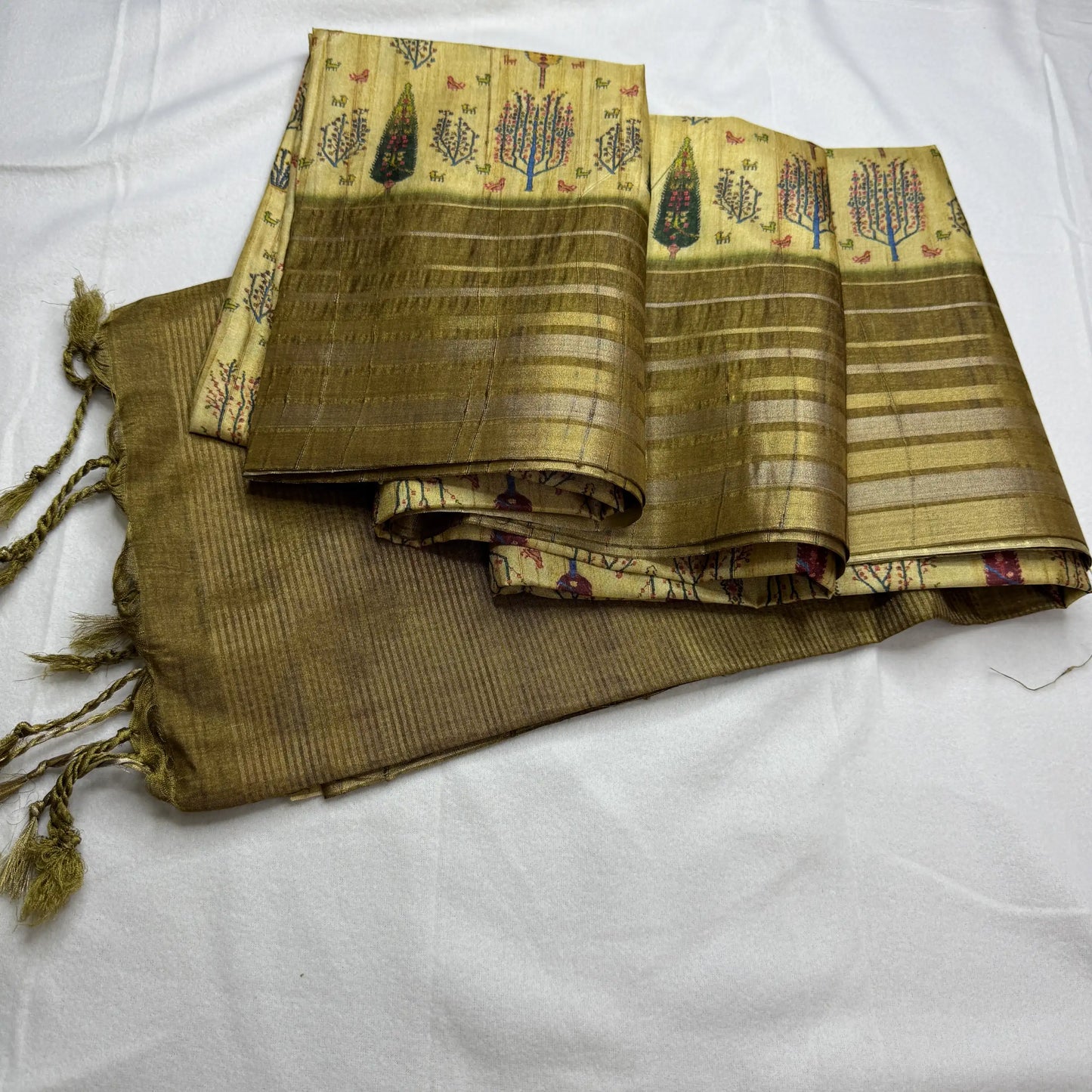 Beige & Rustic Gold – Dupian Tussar Saree with Tree Print -SKU: G0-003